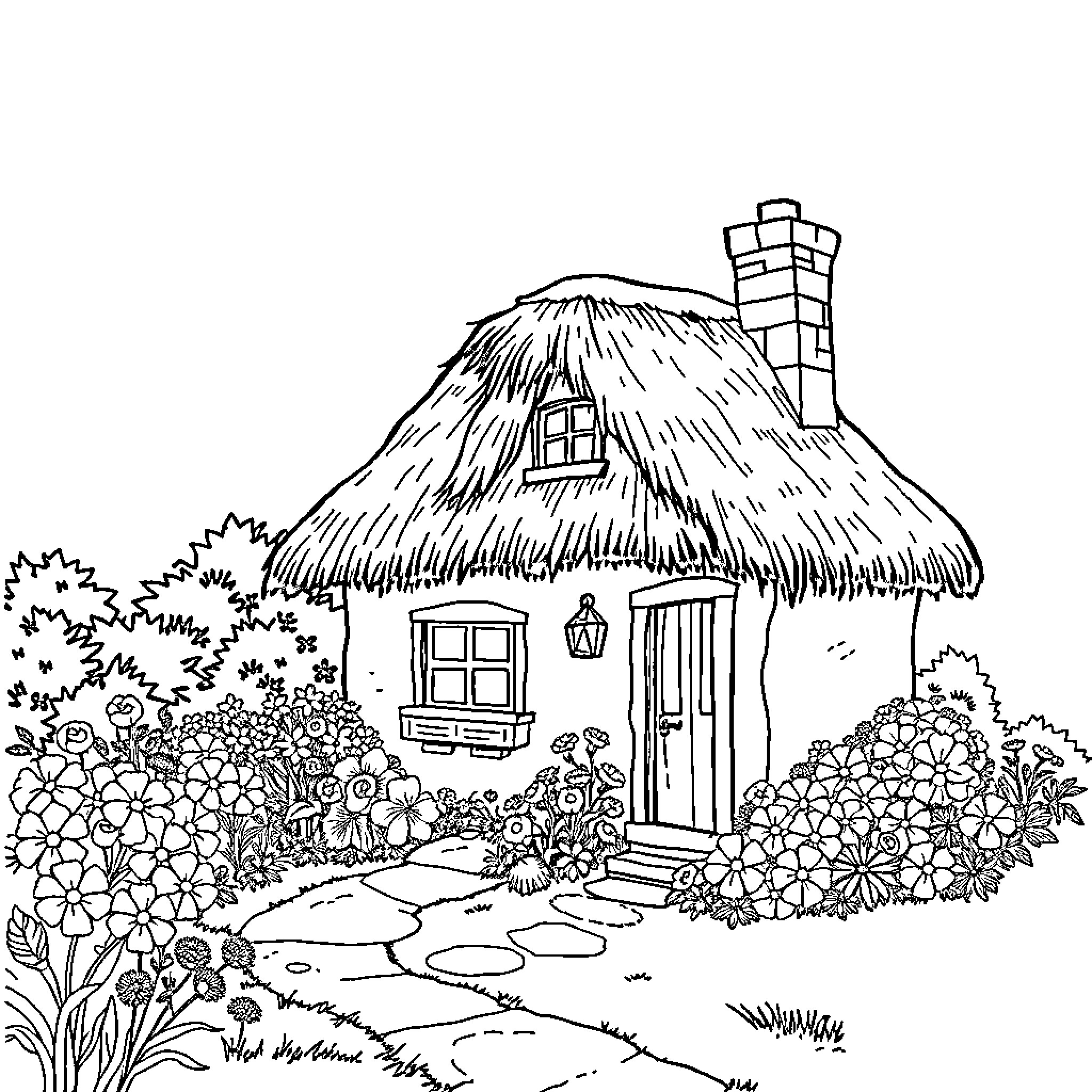 Cottage with Charming Thatched Roof and Blooming Garden Coloring Page (free black-and-white line drawing printable PDF for all, from beginners to advanced learners, including children, teens, adults, and seniors)
