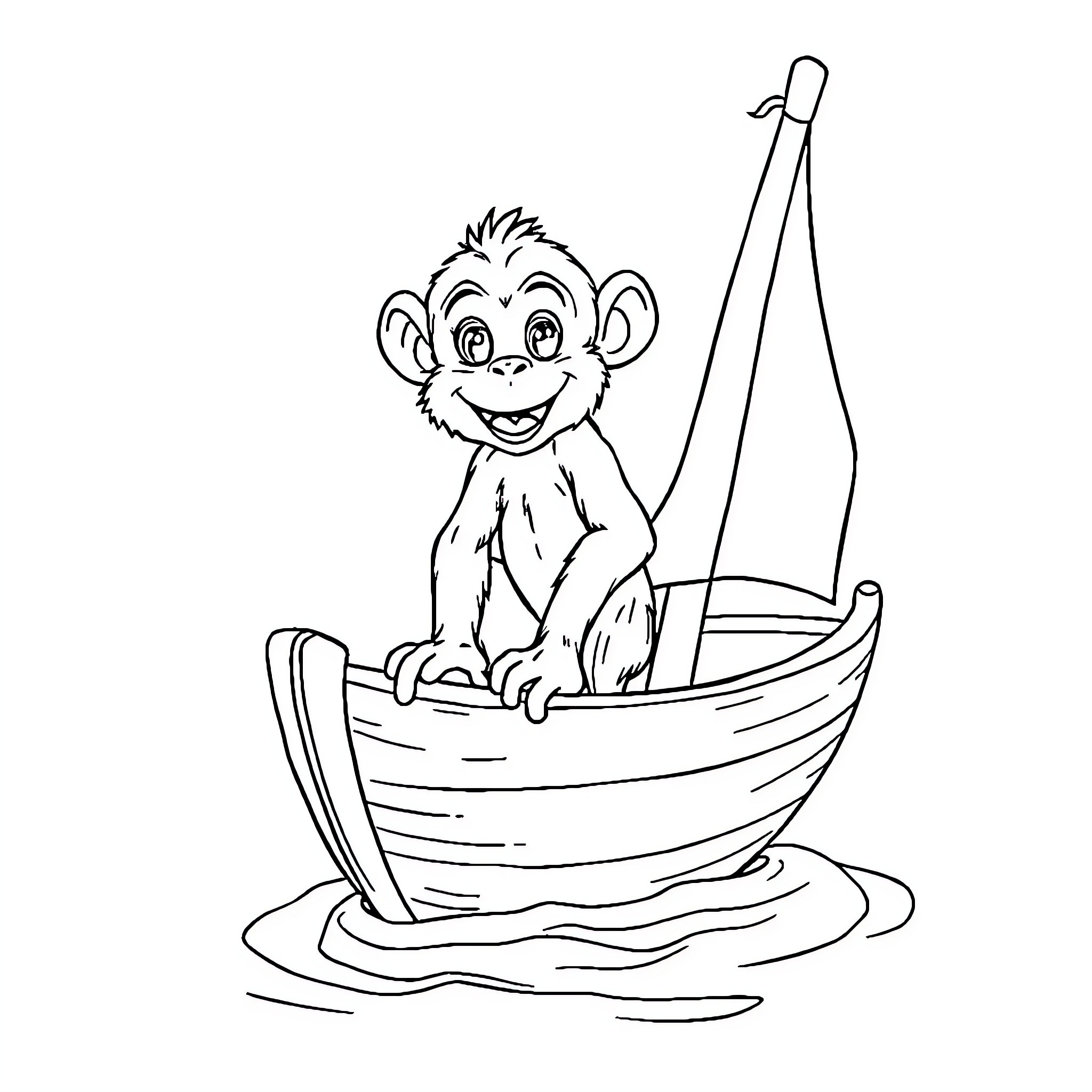 Monkey riding in a boat happily Coloring Page (free black-and-white line drawing printable PDF for all, from beginners to advanced learners, including children, teens, adults, and seniors)