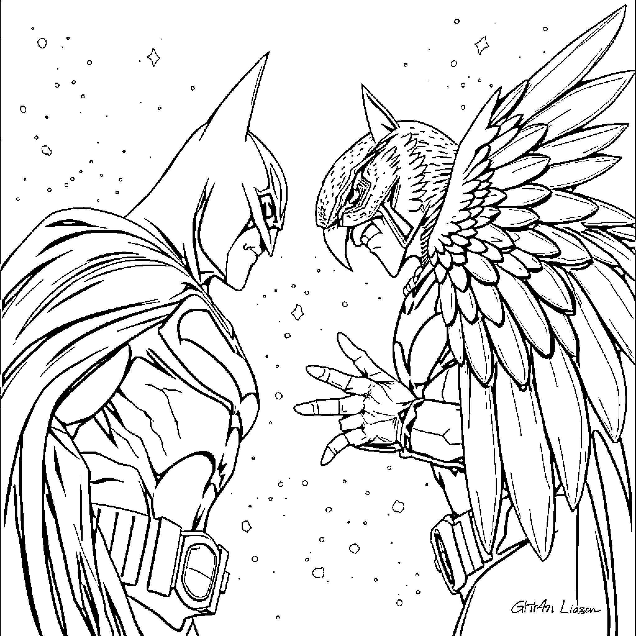 Batman in flight with powerful bird companion Coloring Page (free black-and-white line drawing printable PDF for all, from beginners to advanced learners, including children, teens, adults, and seniors)