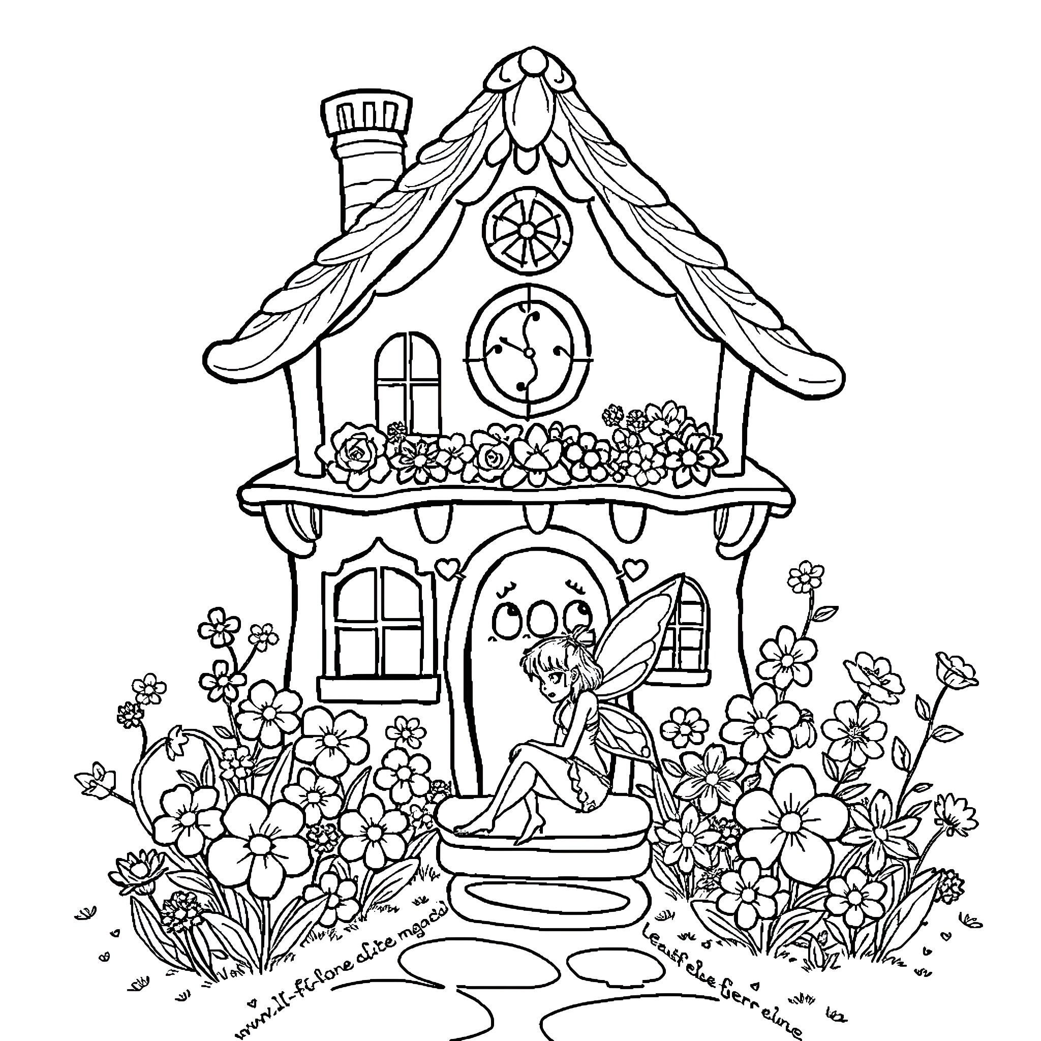 Fairy resting in a whimsical flower-filled cottage Coloring Page (free black-and-white line drawing printable PDF for all, from beginners to advanced learners, including children, teens, adults, and seniors)