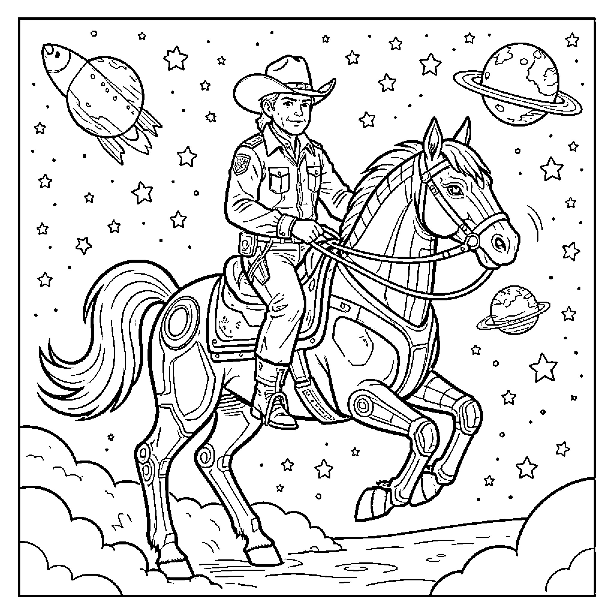 Cowboy exploring the cosmic wild frontier on horseback Coloring Page (free black-and-white line drawing printable PDF for all, from beginners to advanced learners, including children, teens, adults, and seniors)