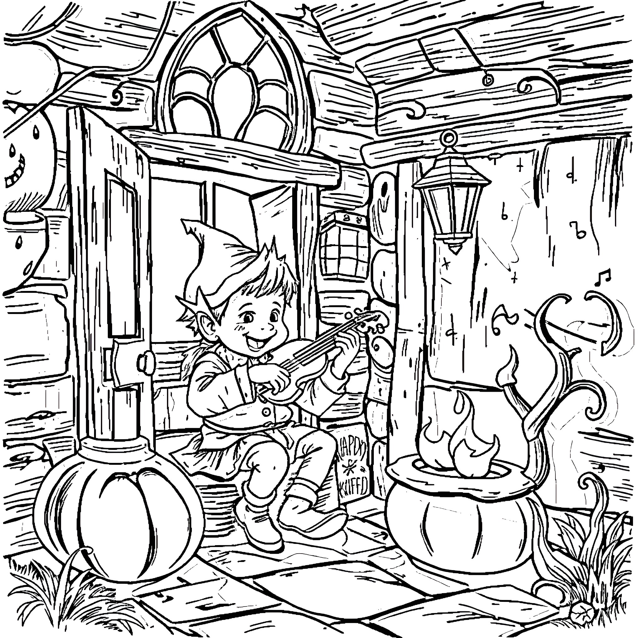 Halfling enjoying pumpkin patch outside cottage Coloring Page (free black-and-white line drawing printable PDF for all, from beginners to advanced learners, including children, teens, adults, and seniors)