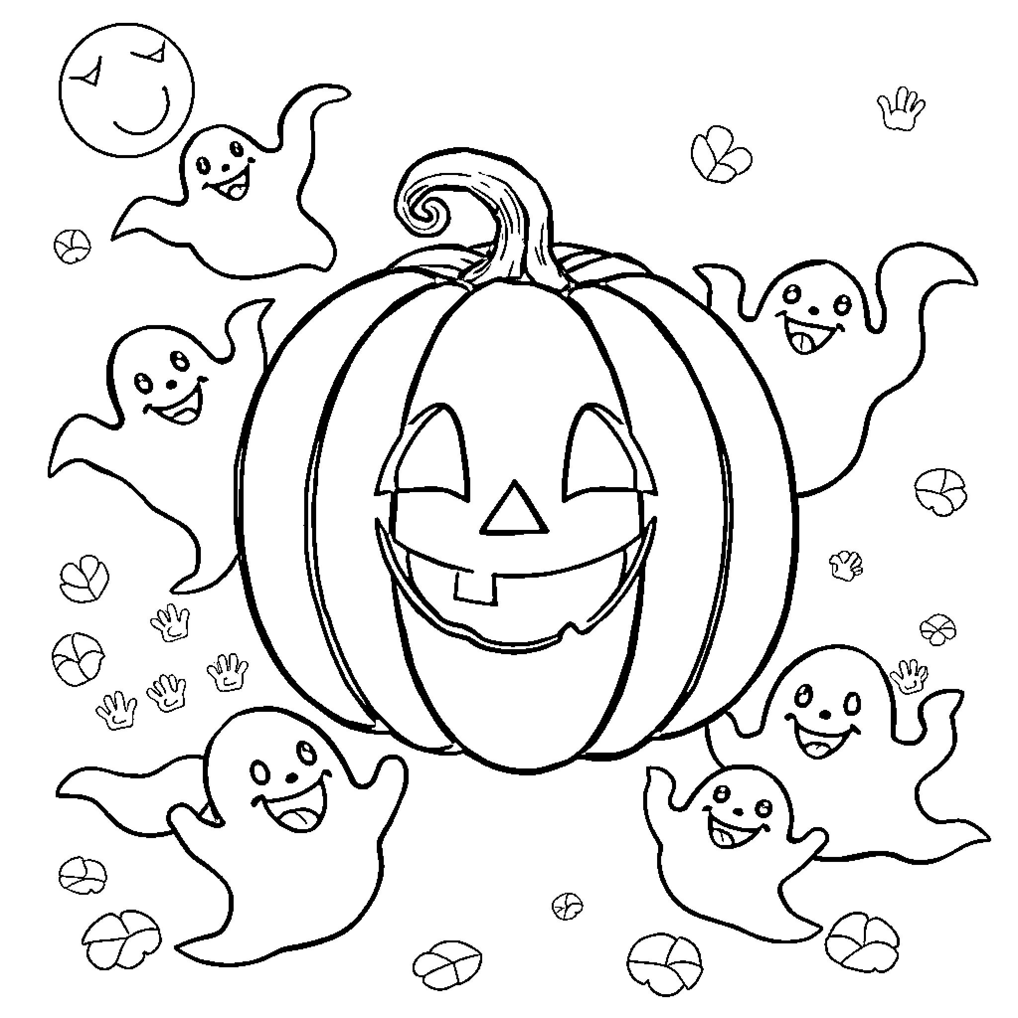 Pumpkin surrounded by playful ghosts Coloring Page (free black-and-white line drawing printable PDF for all, from beginners to advanced learners, including children, teens, adults, and seniors)