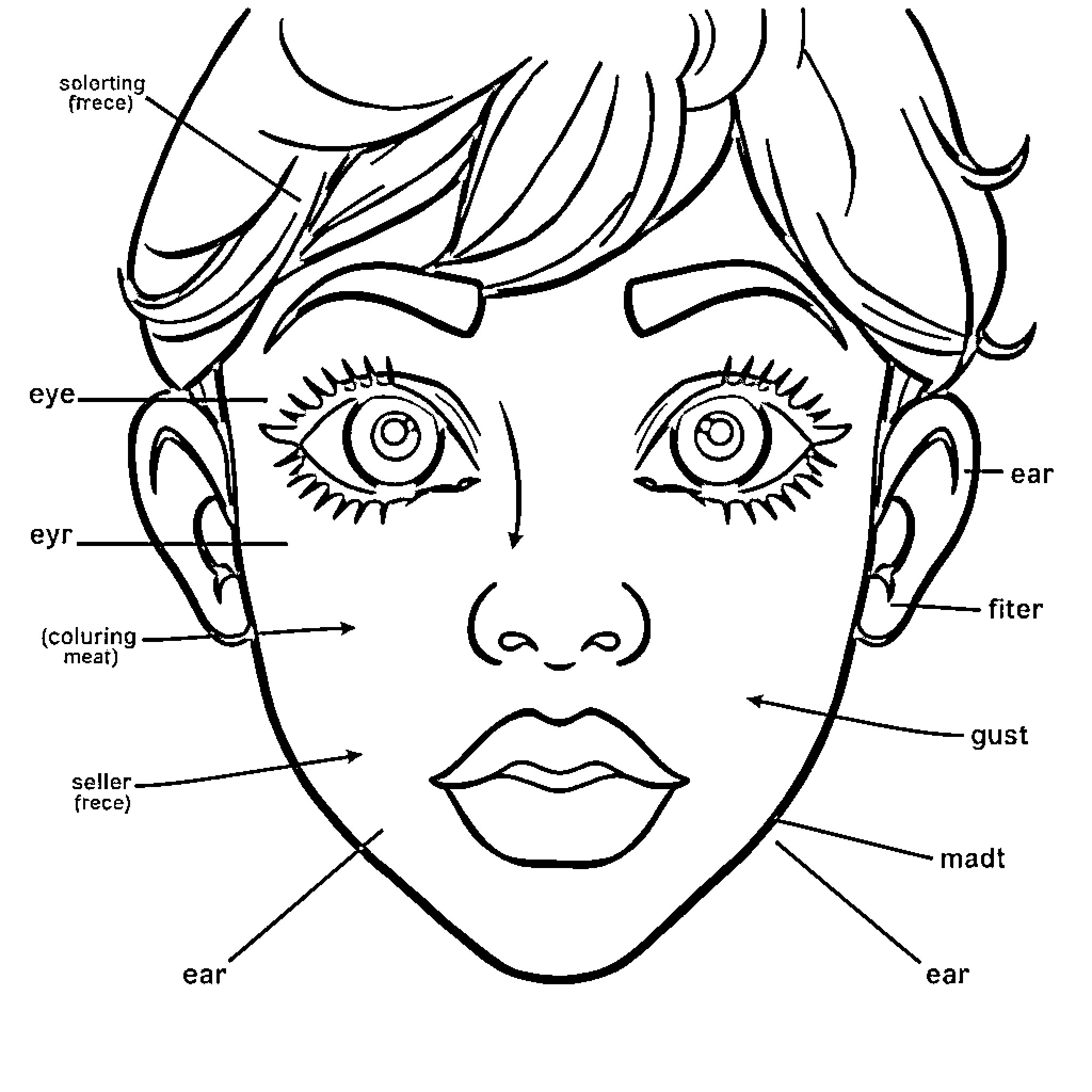 Face with Expressive Features Coloring Page (free black-and-white line drawing printable PDF for all, from beginners to advanced learners, including children, teens, adults, and seniors)