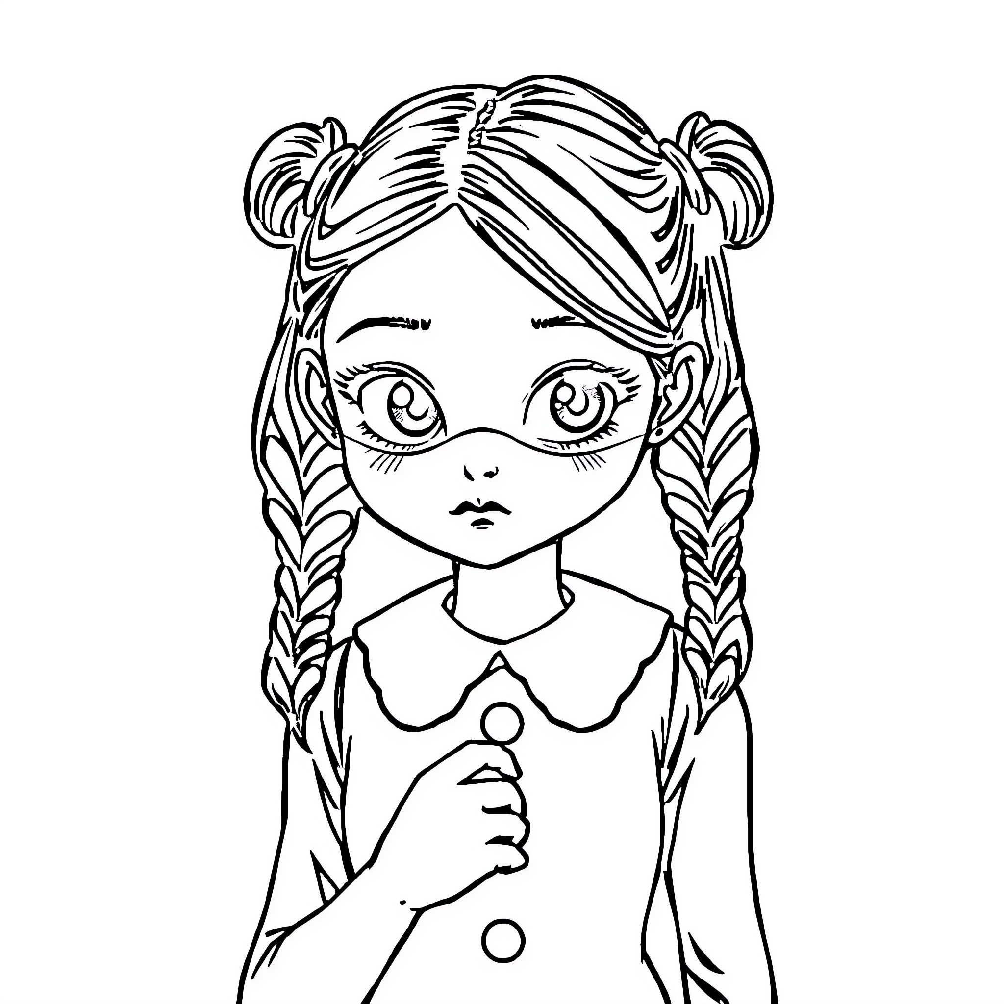 Wednesday Sad Girl with Braided Hairstyle Coloring Page (free black-and-white line drawing printable PDF for all, from beginners to advanced learners, including children, teens, adults, and seniors)
