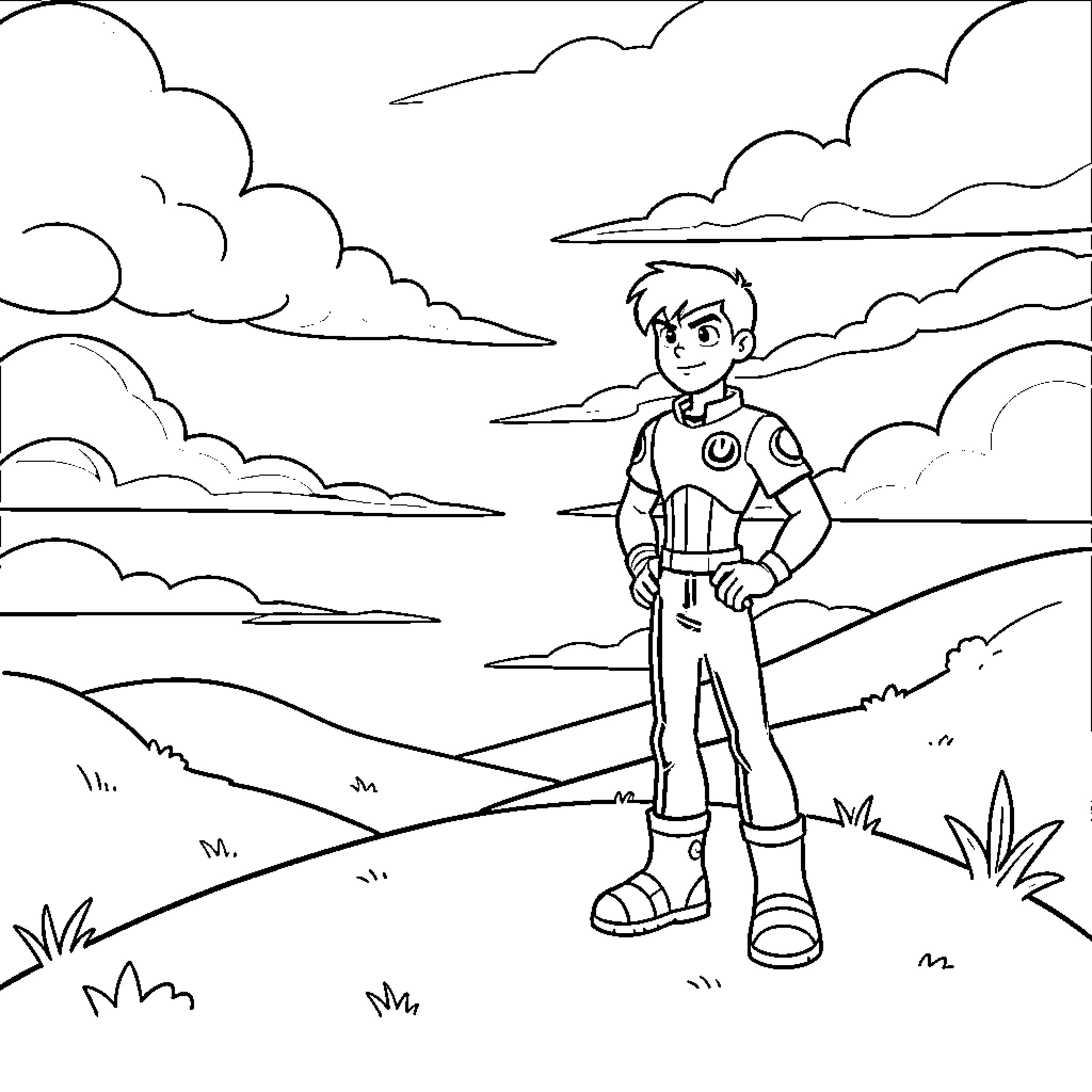 Ben 10 in an adventurous outdoor scene Coloring Page (free black-and-white line drawing printable PDF for all, from beginners to advanced learners, including children, teens, adults, and seniors)