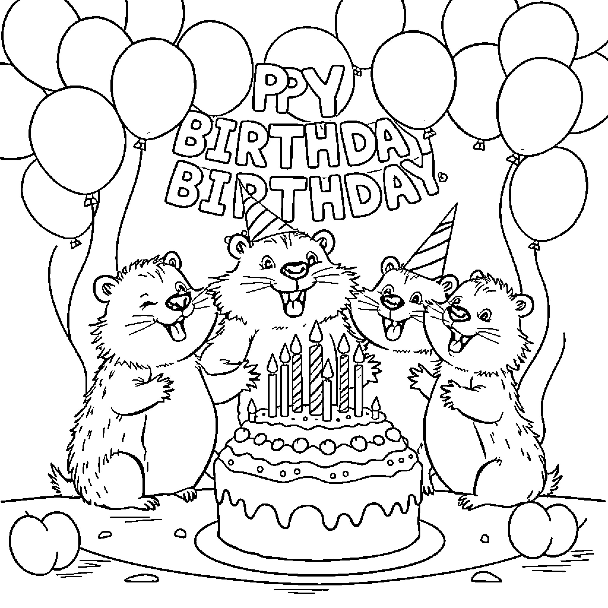 Groundhog celebrating birthday with cake and balloons Coloring Page (free black-and-white line drawing printable PDF for all, from beginners to advanced learners, including children, teens, adults, and seniors)