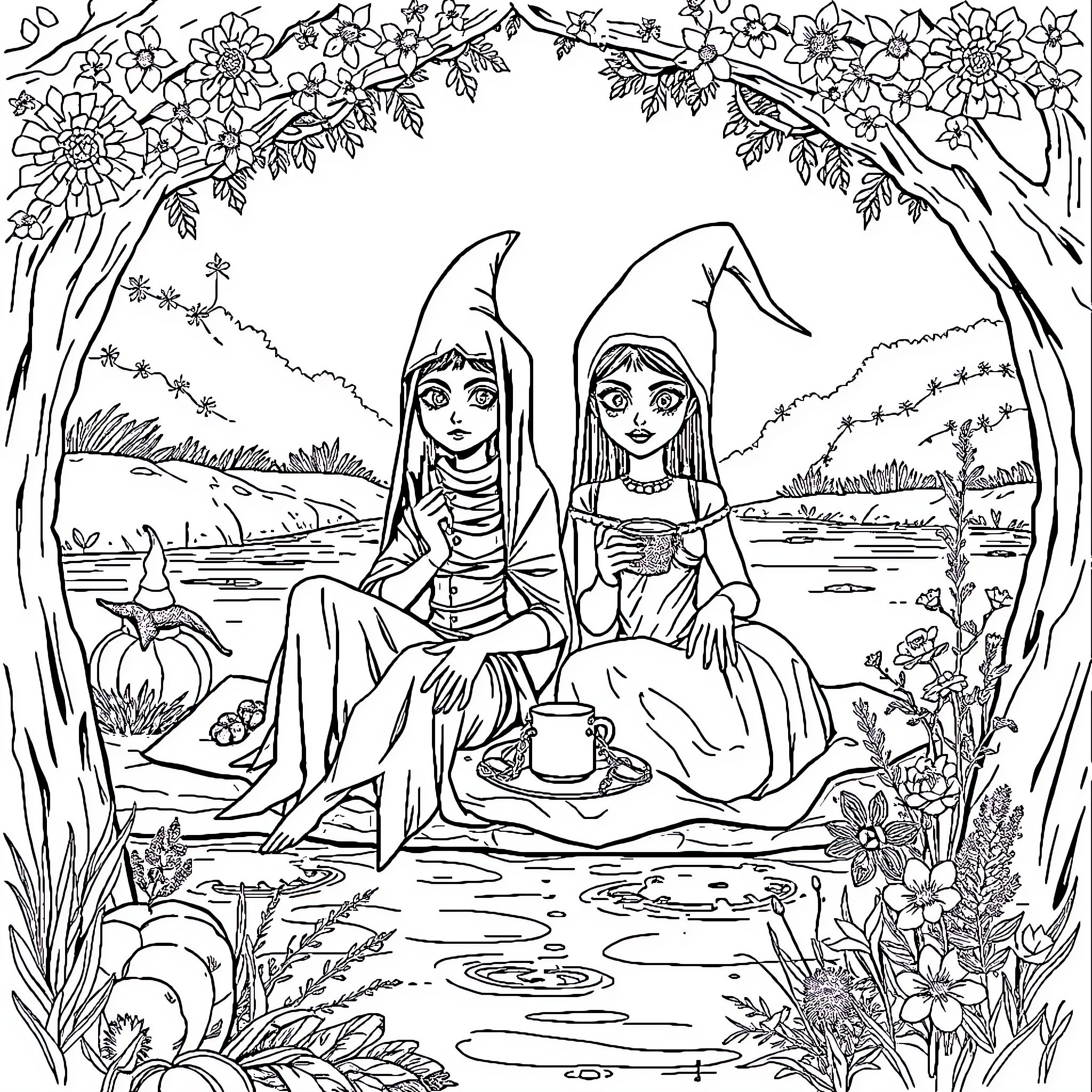 Bruja sisters enjoying tea in enchanted forest Coloring Page (free black-and-white line drawing printable PDF for all, from beginners to advanced learners, including children, teens, adults, and seniors)