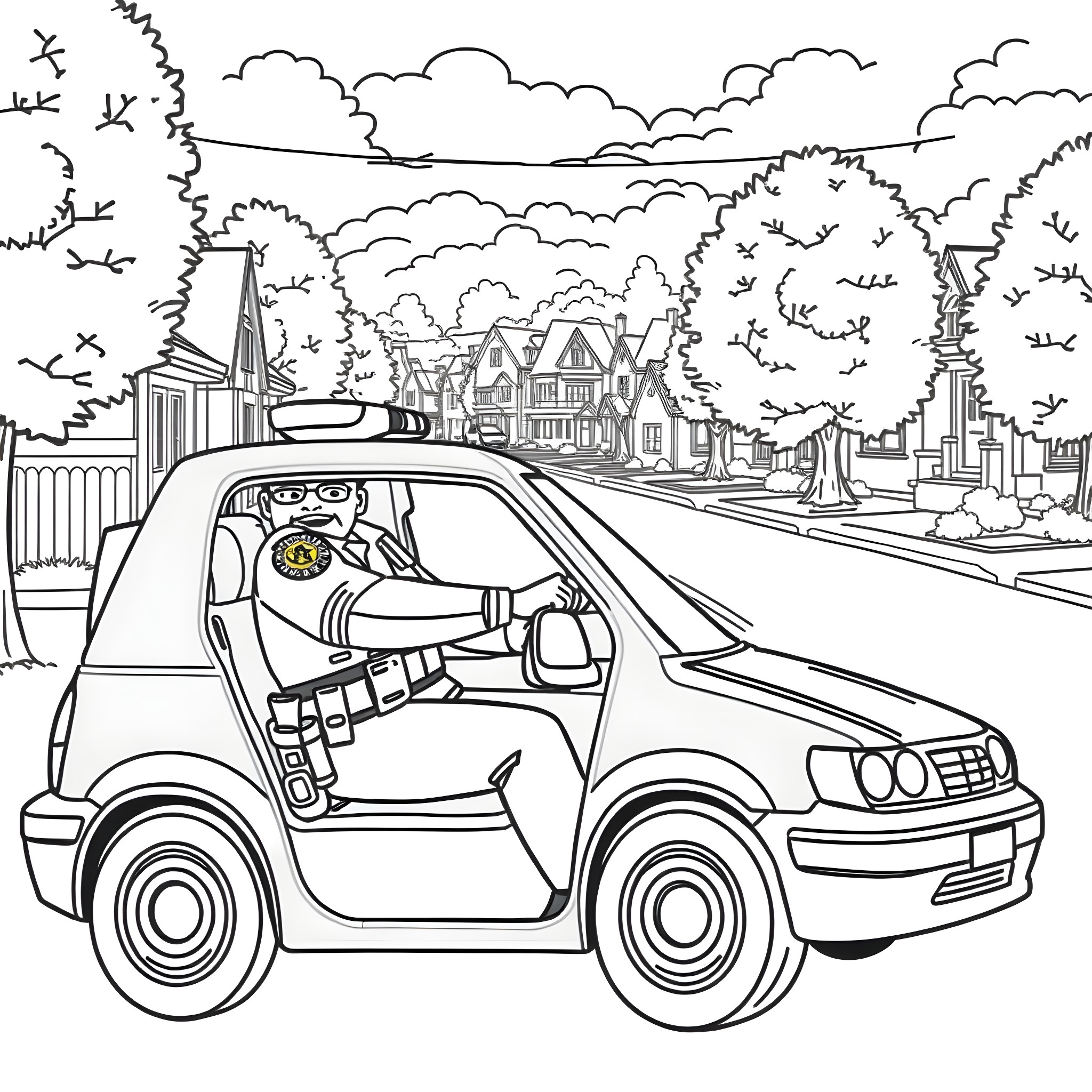 Community Safety Officer Patrolling Neighborhood Streets Coloring Page (free black-and-white line drawing printable PDF for all, from beginners to advanced learners, including children, teens, adults, and seniors)