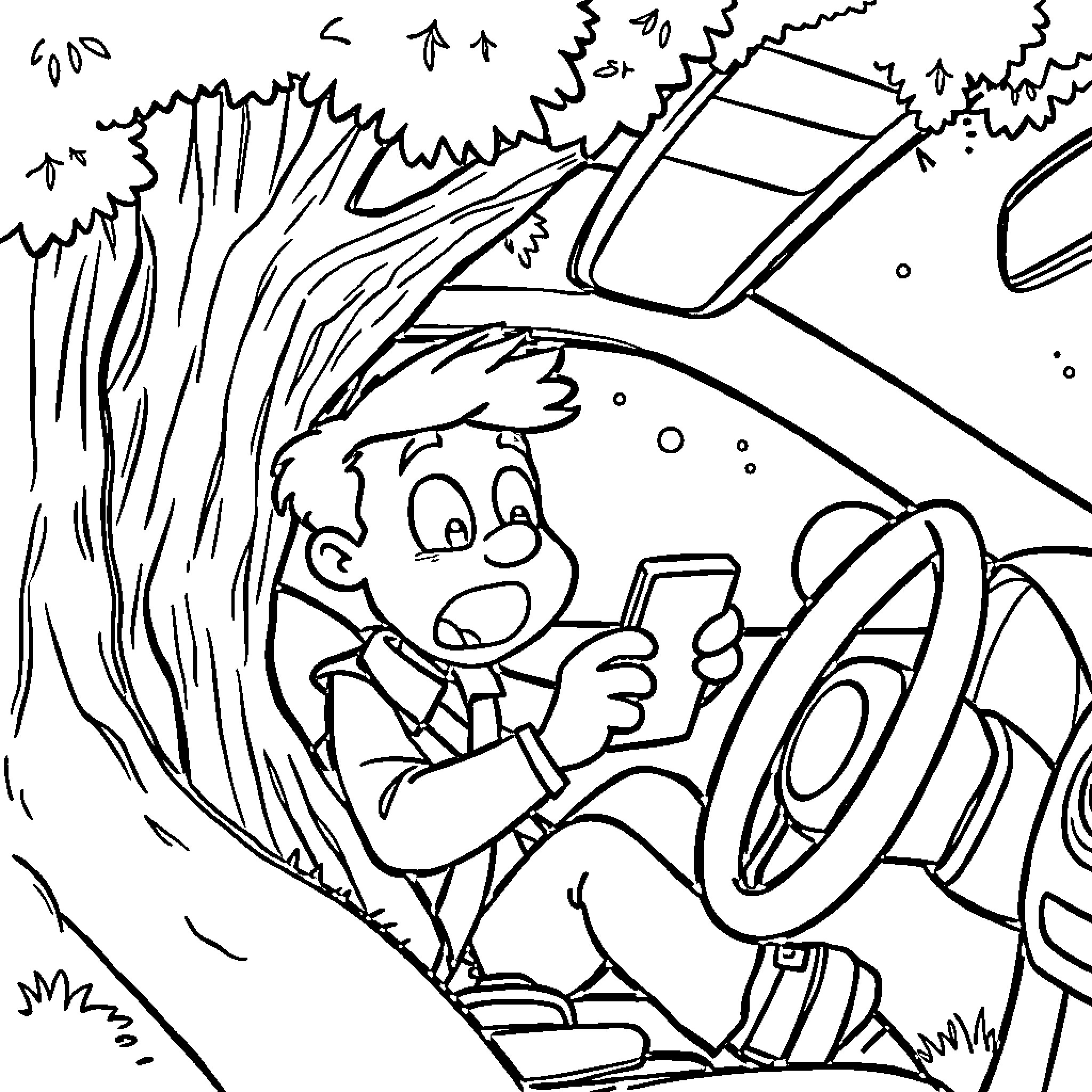 Cartoon Character driving a car on a forest road Coloring Page (free black-and-white line drawing printable PDF for all, from beginners to advanced learners, including children, teens, adults, and seniors)