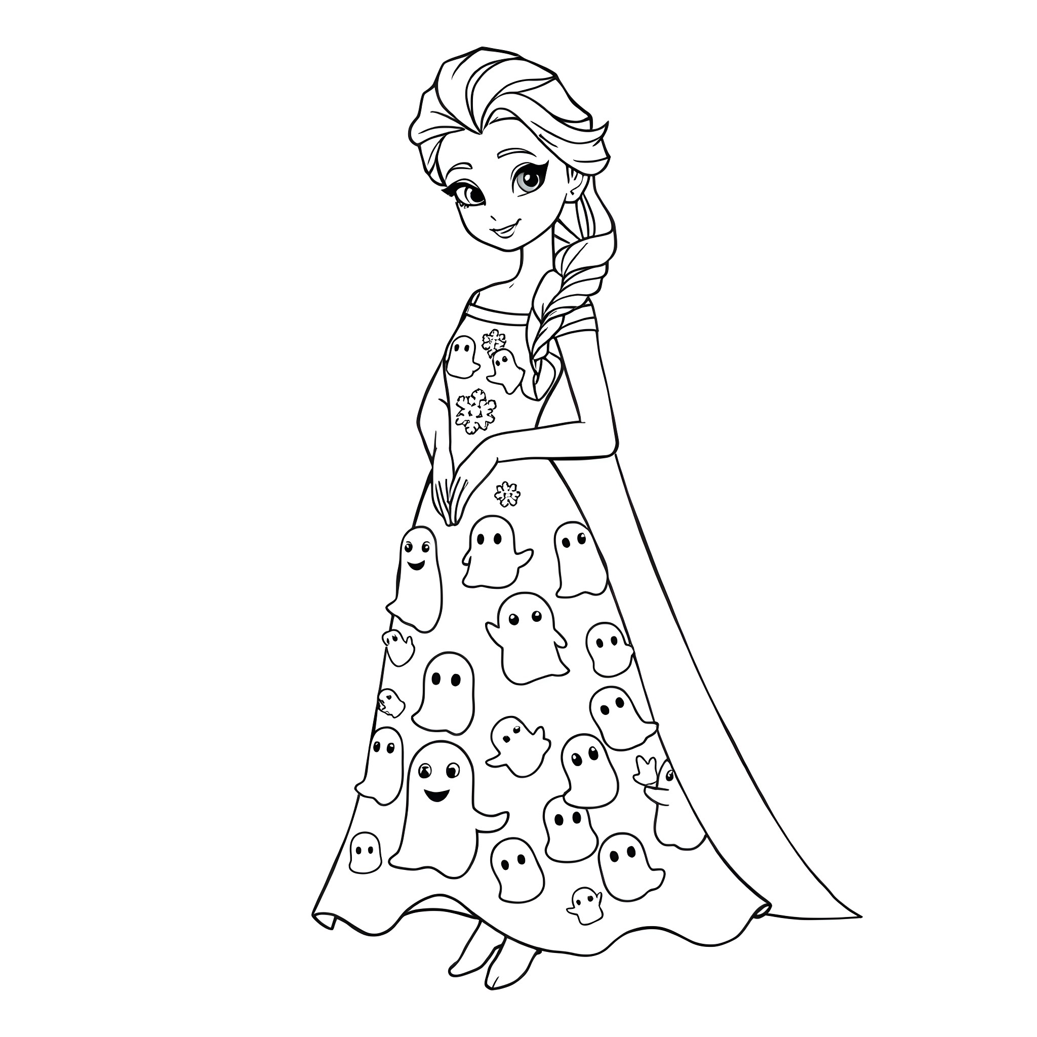 Elsa's ghostly adventure in a spooky dress Coloring Page (free black-and-white line drawing printable PDF for all, from beginners to advanced learners, including children, teens, adults, and seniors)