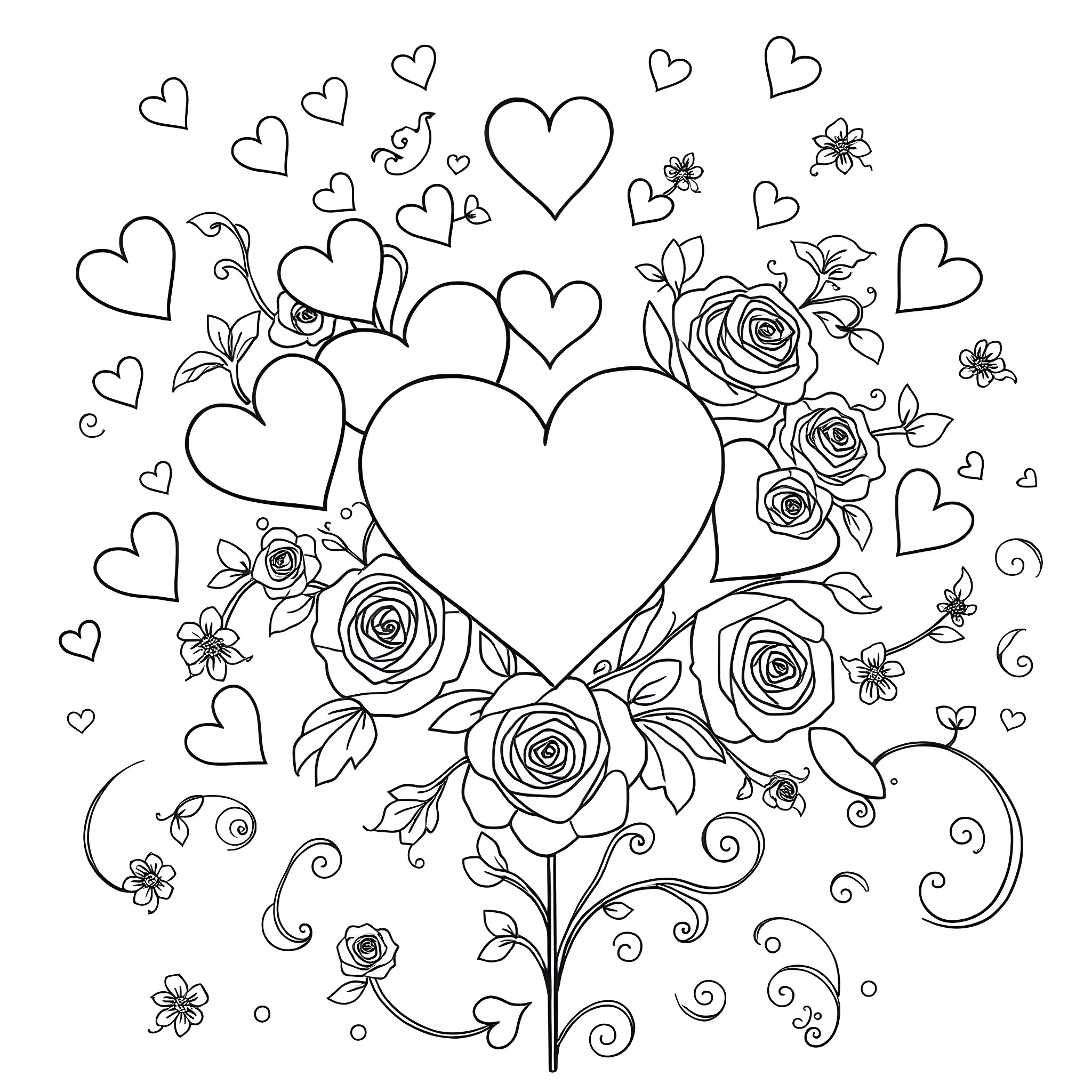 Valentine's Floral Hearts and Roses Coloring Page (free black-and-white line drawing printable PDF for all, from beginners to advanced learners, including children, teens, adults, and seniors)