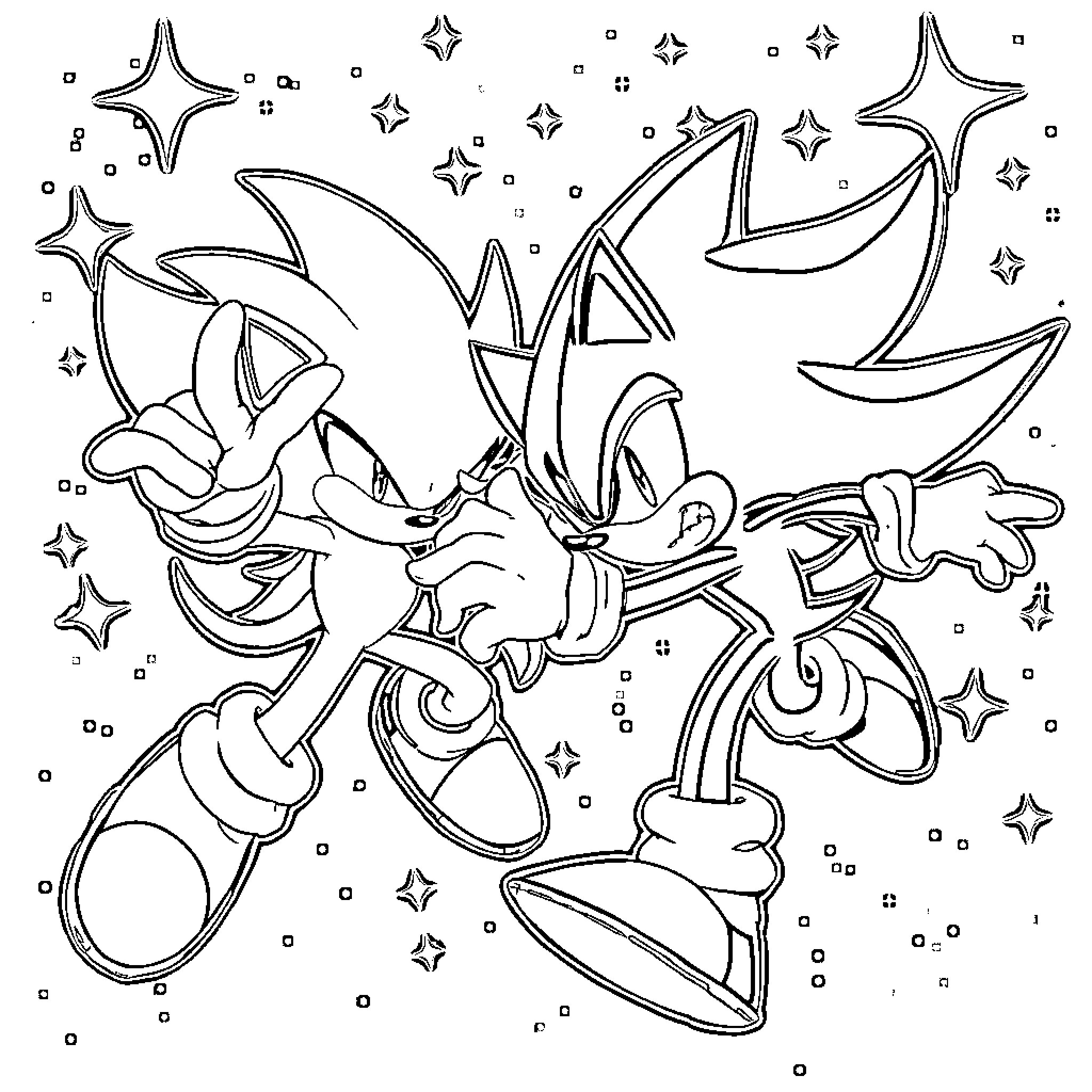Sonic's Intergalactic Adventure with Shooting Stars Coloring Page (free black-and-white line drawing printable PDF for all, from beginners to advanced learners, including children, teens, adults, and seniors)