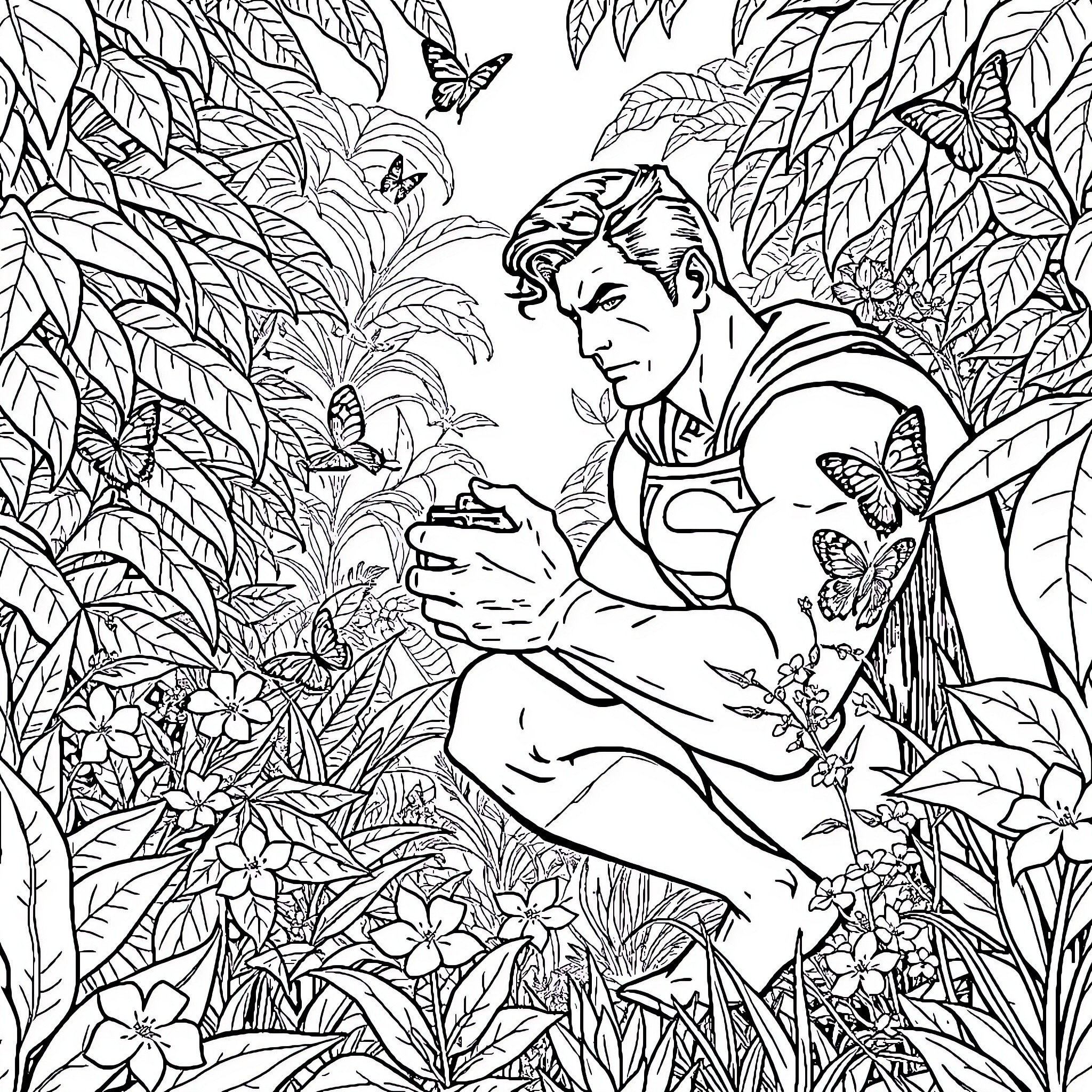 Superman enjoying the tranquility of nature Coloring Page (free black-and-white line drawing printable PDF for all, from beginners to advanced learners, including children, teens, adults, and seniors)