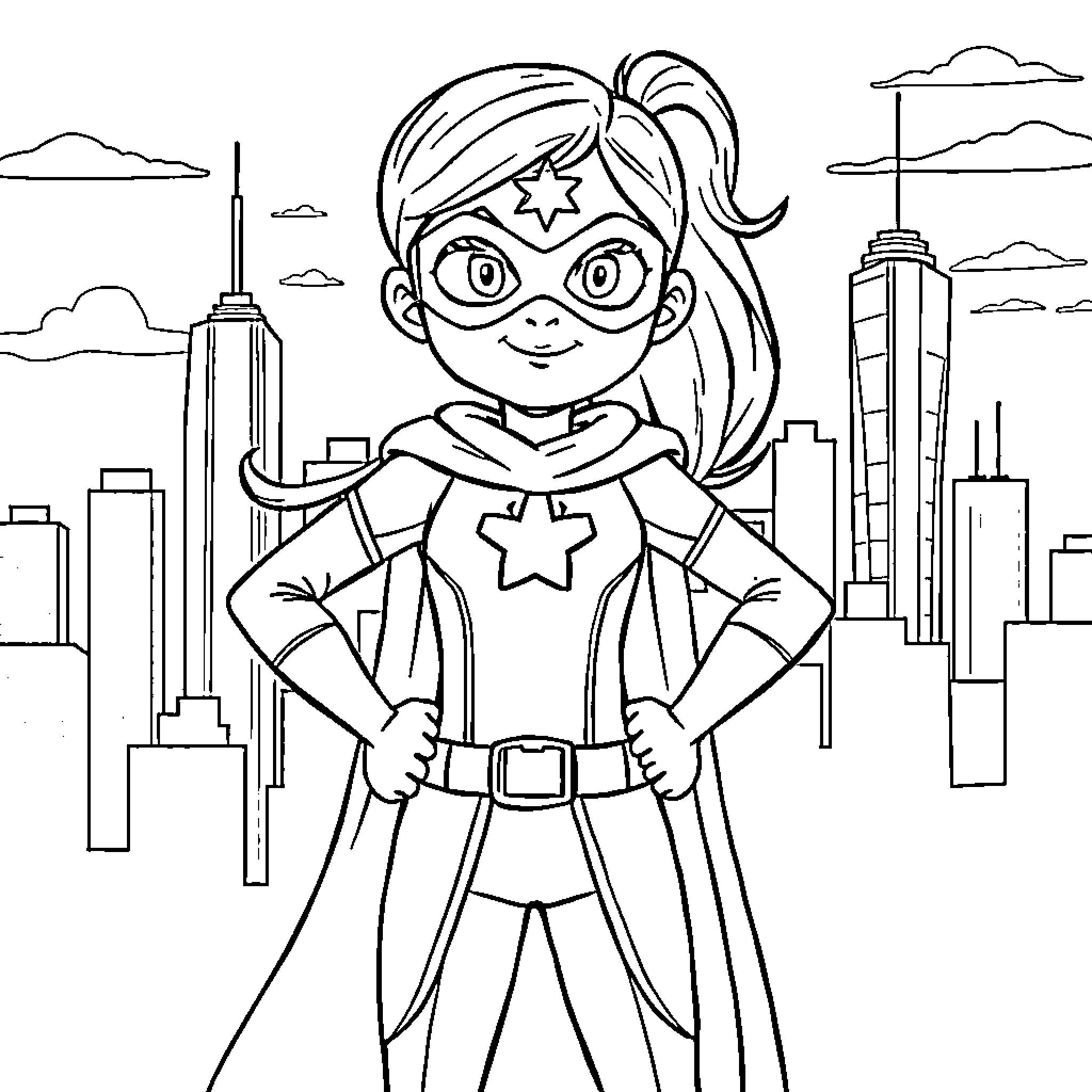 Superhero Girl Protecting the City Coloring Page (free black-and-white line drawing printable PDF for all, from beginners to advanced learners, including children, teens, adults, and seniors)