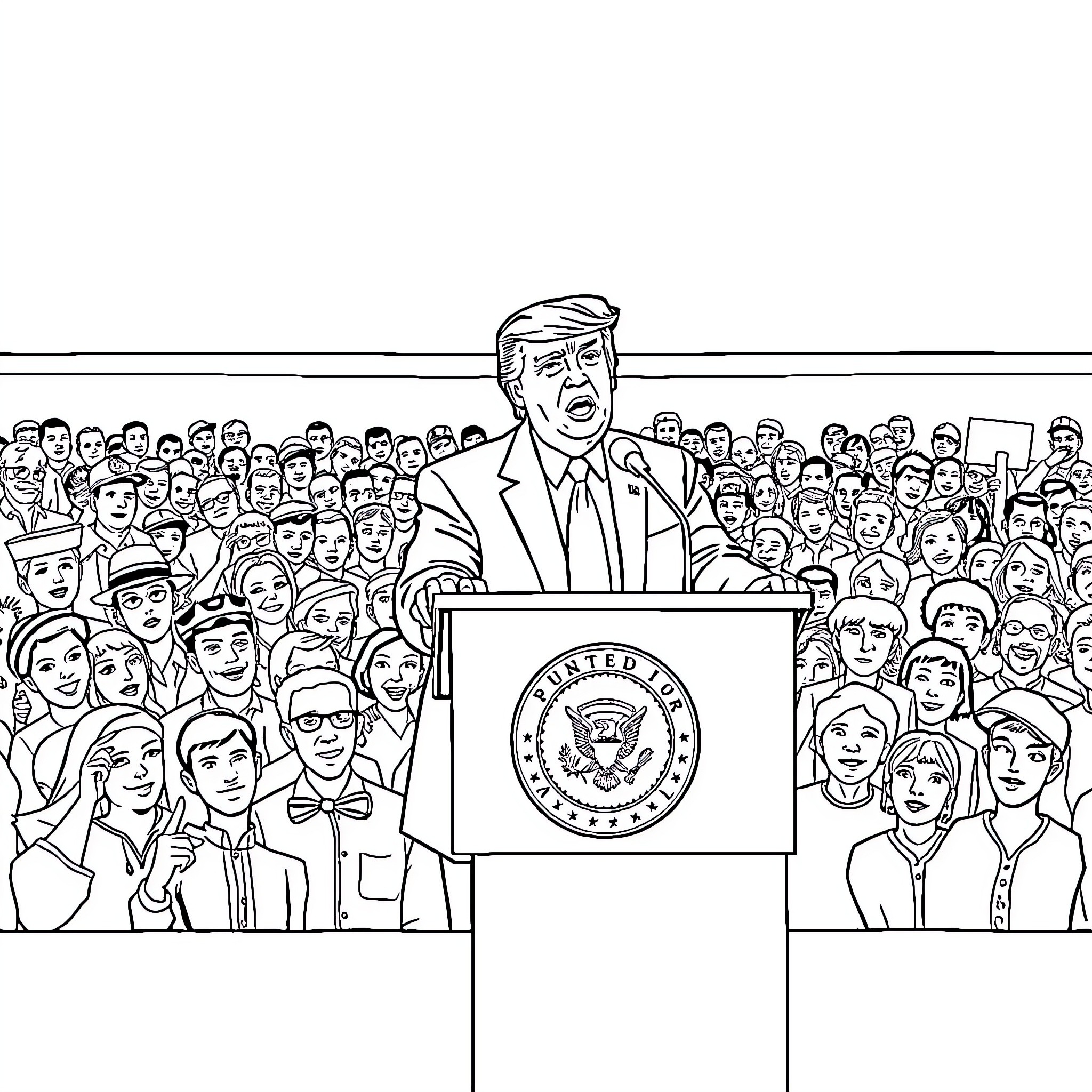 Donald Trump speaking to a crowd of supporters Coloring Page (free black-and-white line drawing printable PDF for all, from beginners to advanced learners, including children, teens, adults, and seniors)