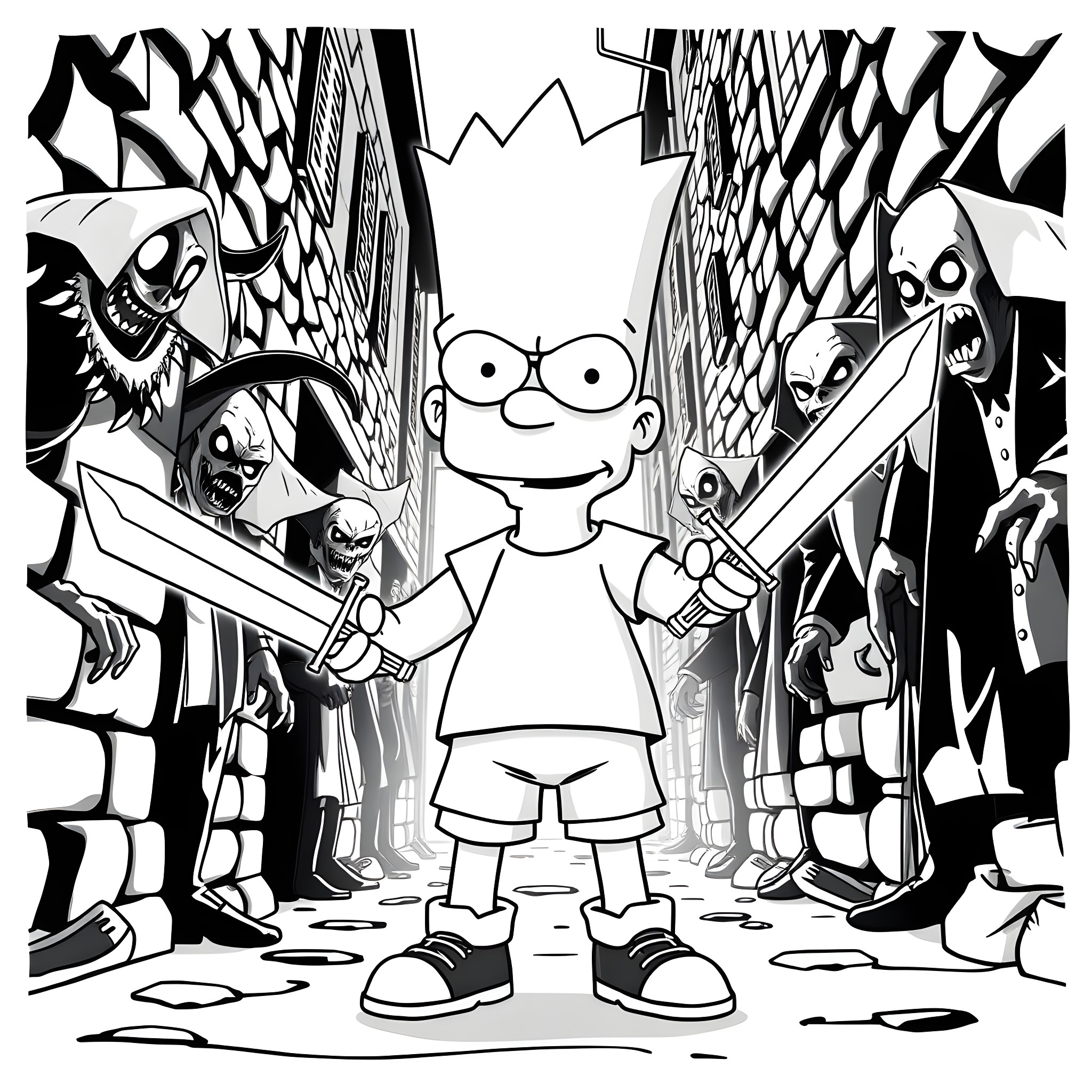 Bart Simpson Battling Sinister Cartoon Creatures Coloring Page (free black-and-white line drawing printable PDF for all, from beginners to advanced learners, including children, teens, adults, and seniors)