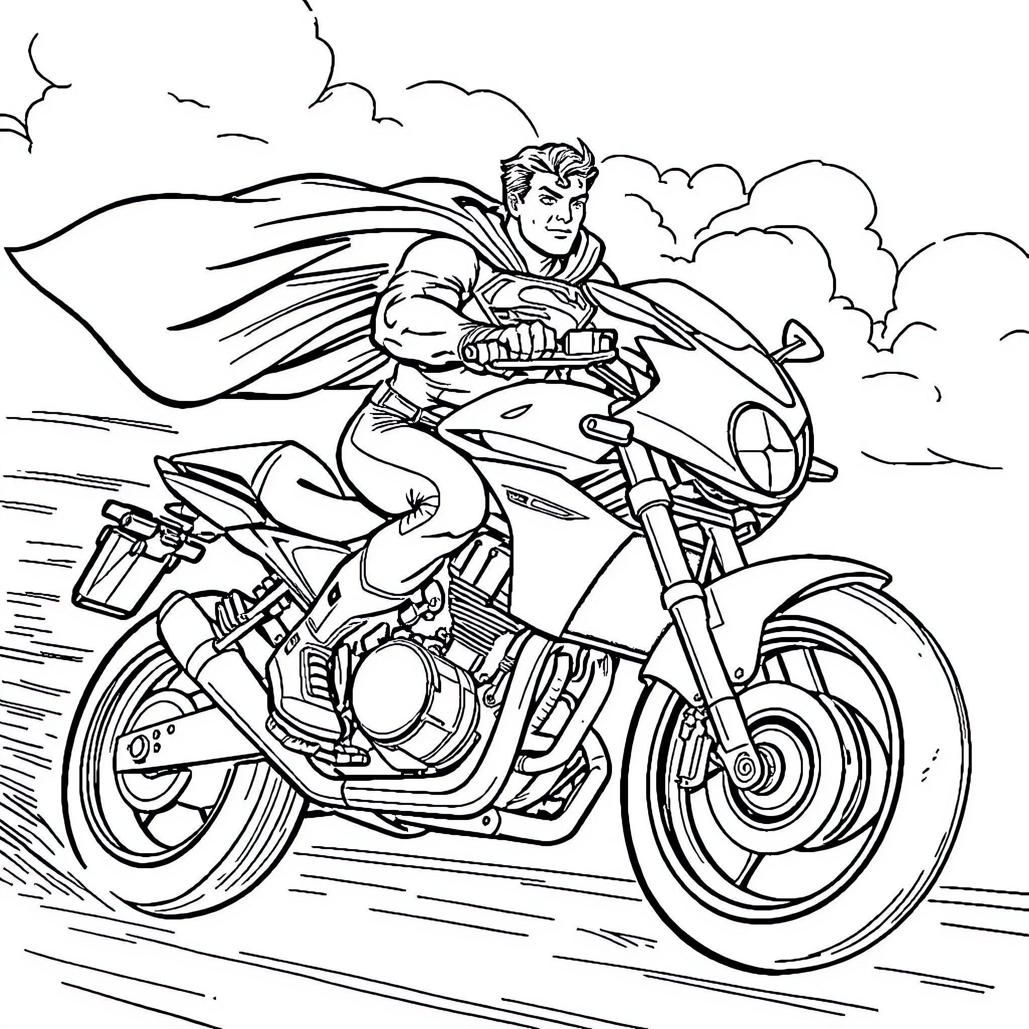 Superman riding a powerful motorcycle in the city Coloring Page (free black-and-white line drawing printable PDF for all, from beginners to advanced learners, including children, teens, adults, and seniors)
