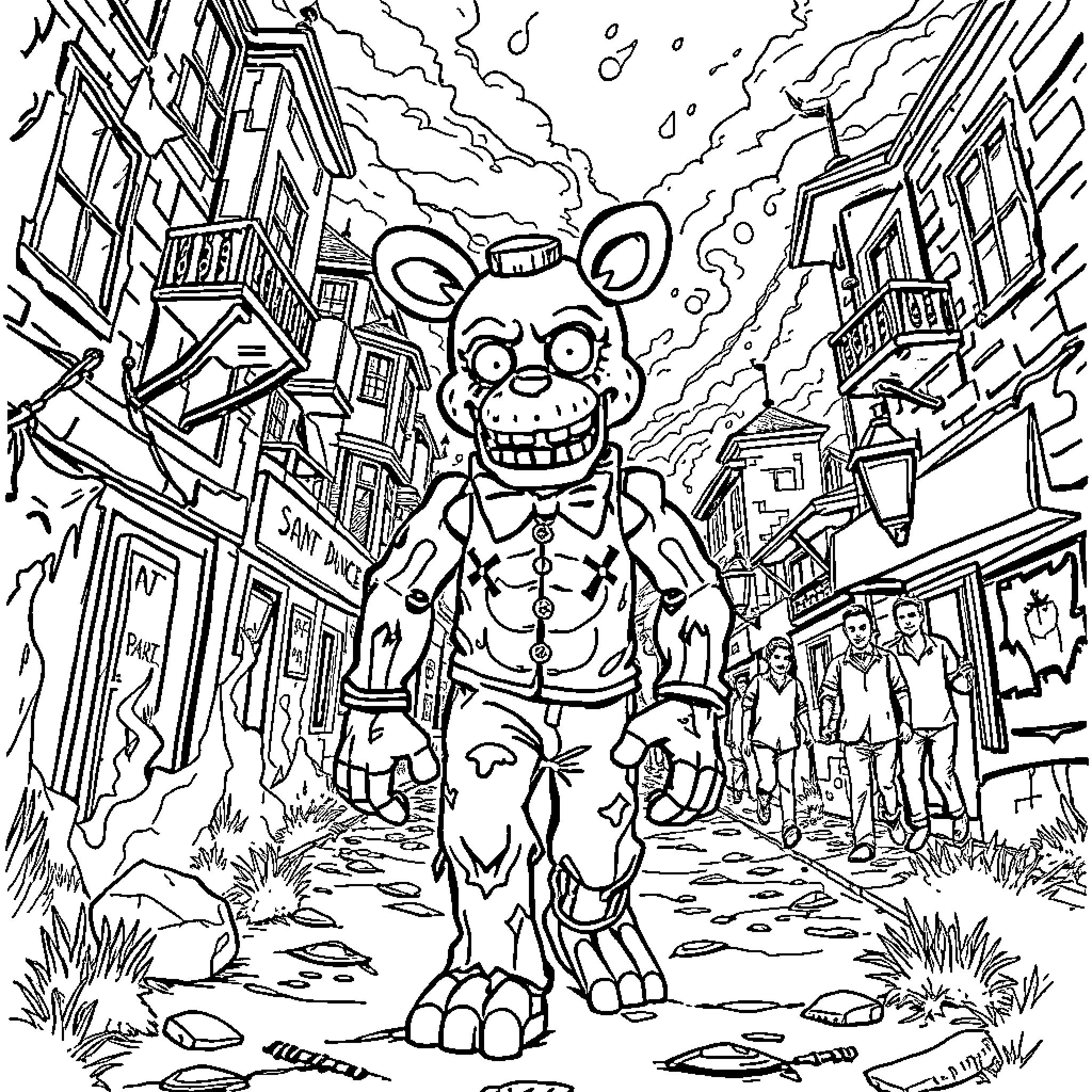 FNAF: Animatronic Figure Looming Over Town Coloring Page (free black-and-white line drawing printable PDF for all, from beginners to advanced learners, including children, teens, adults, and seniors)