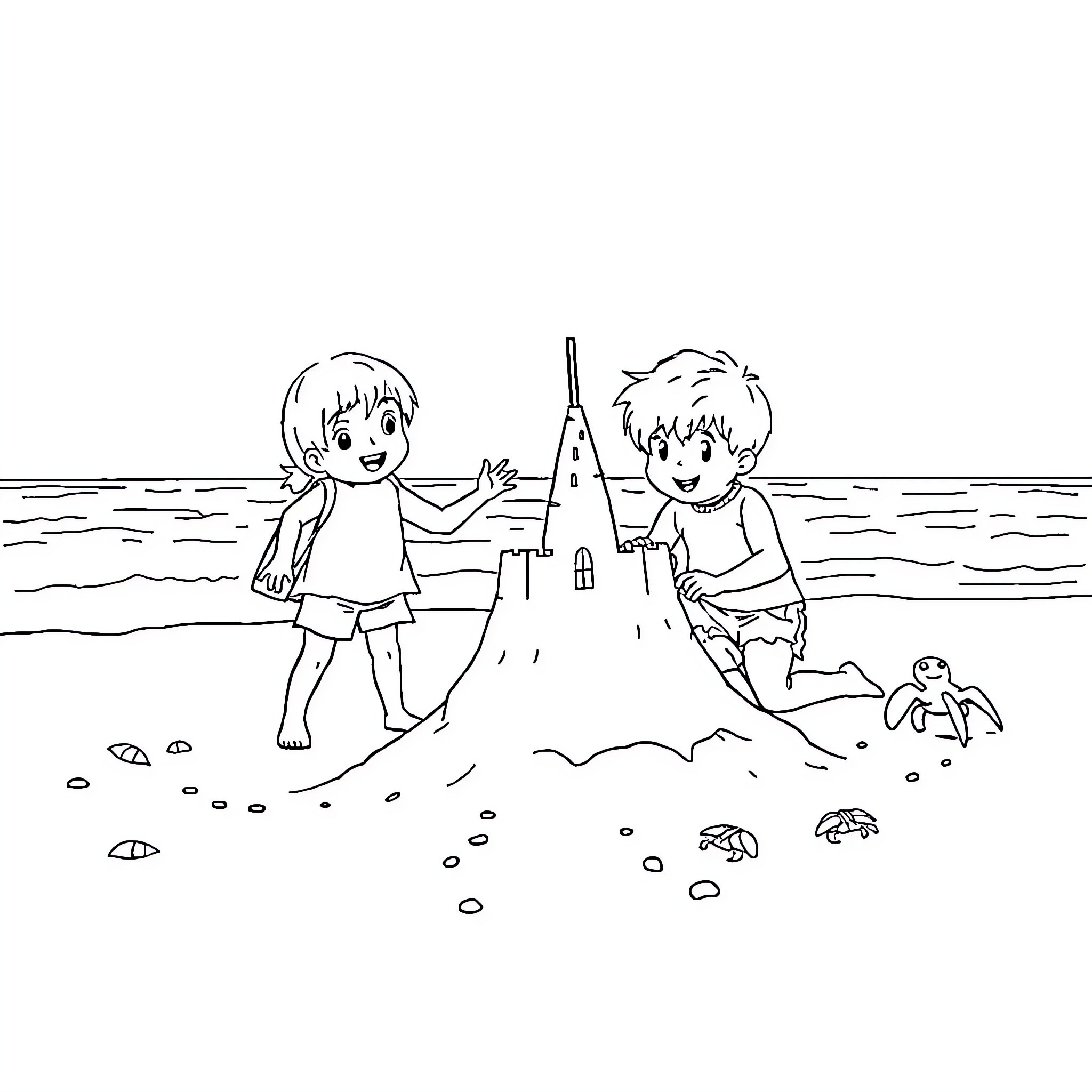 Enfant building sandcastles at the beach Coloring Page (free black-and-white line drawing printable PDF for all, from beginners to advanced learners, including children, teens, adults, and seniors)