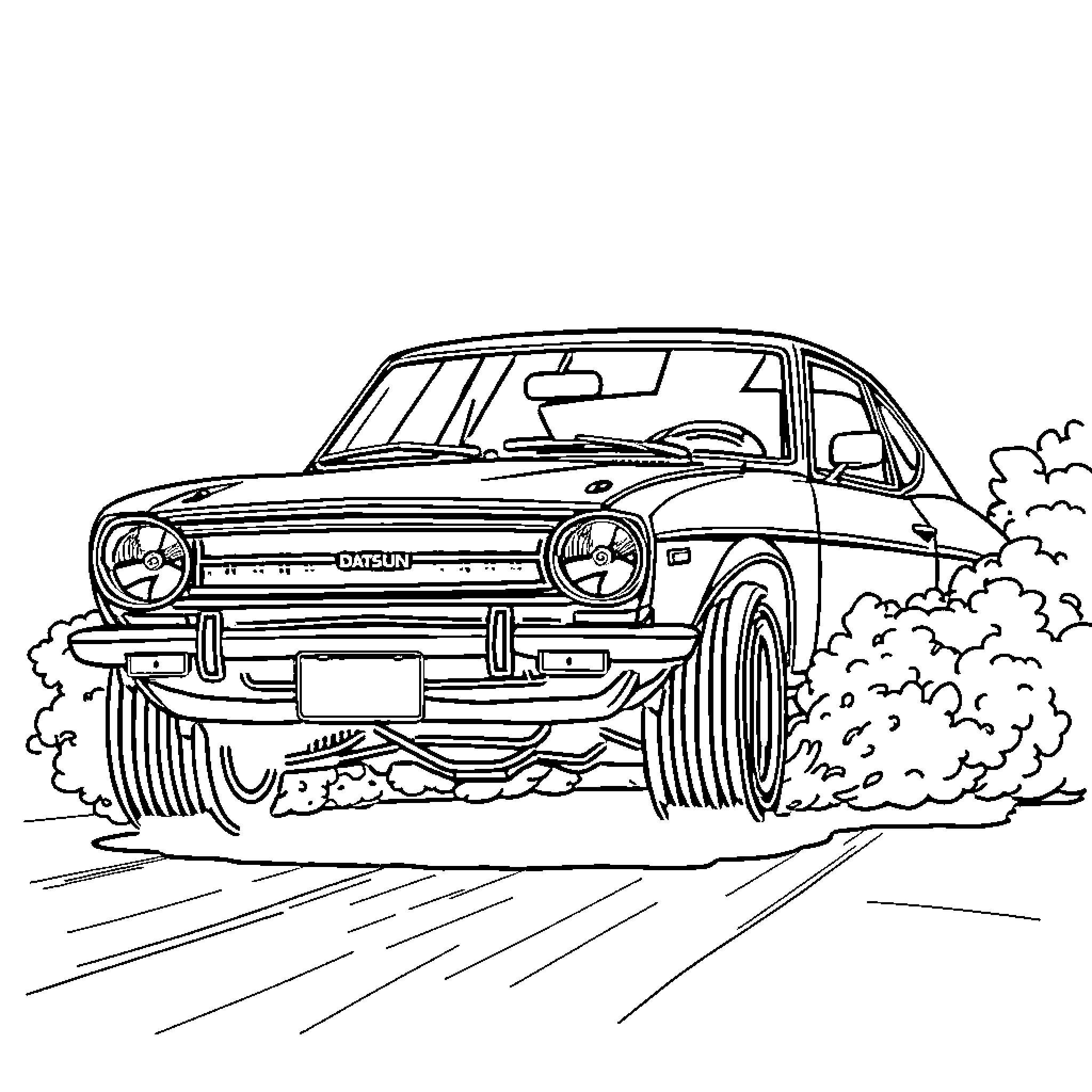 Datsun car speeding on dirt road Coloring Page (free black-and-white line drawing printable PDF for all, from beginners to advanced learners, including children, teens, adults, and seniors)