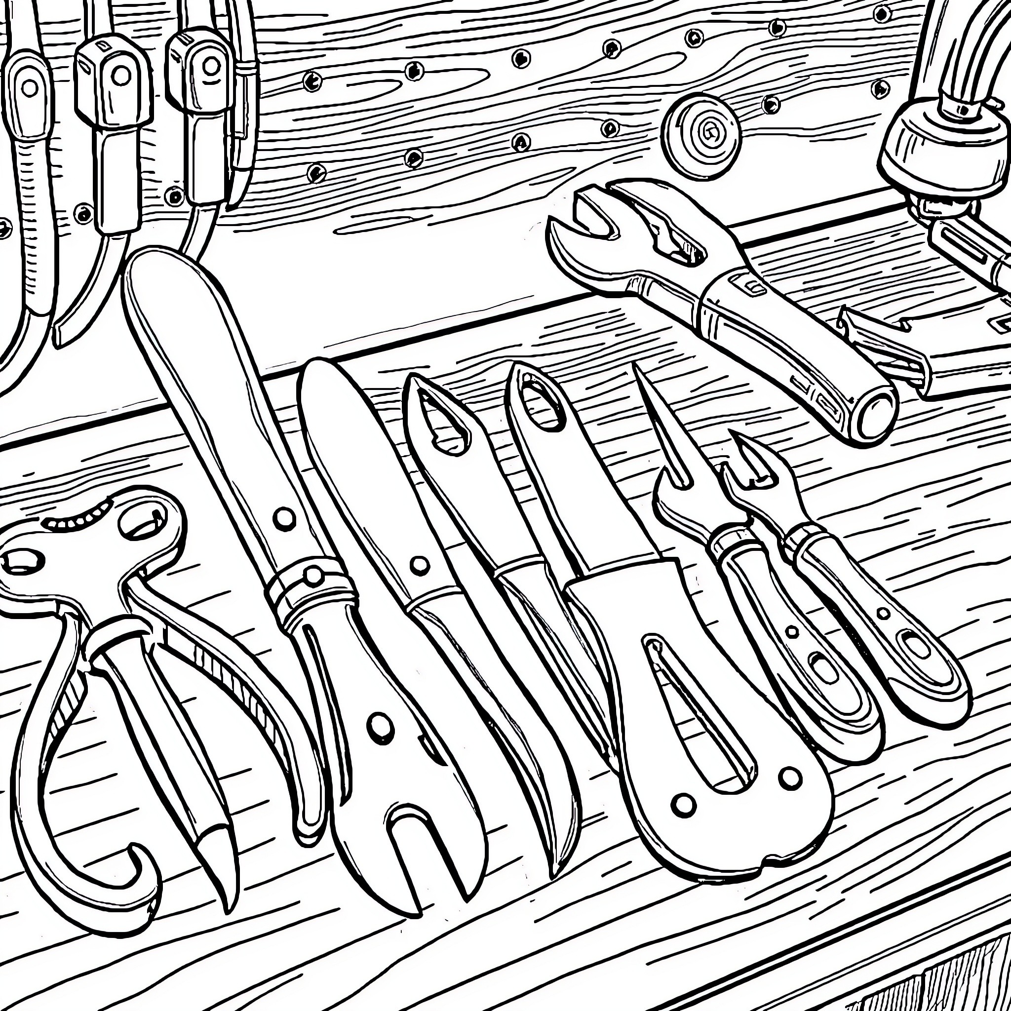 Tool Assortment on Wooden Workbench Coloring Page (free black-and-white line drawing printable PDF for all, from beginners to advanced learners, including children, teens, adults, and seniors)