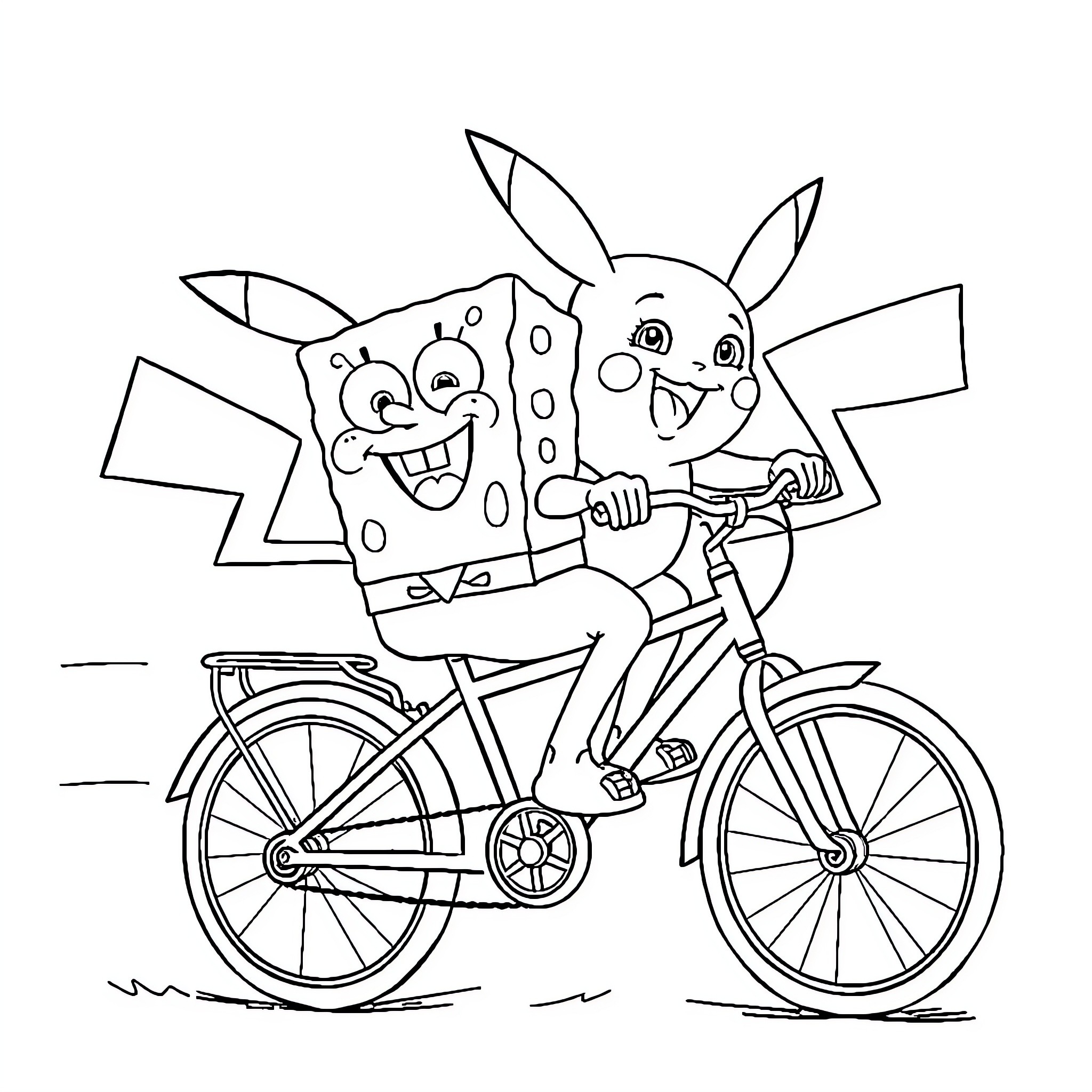 Spongebob riding a bicycle with a friend Coloring Page (free black-and-white line drawing printable PDF for all, from beginners to advanced learners, including children, teens, adults, and seniors)