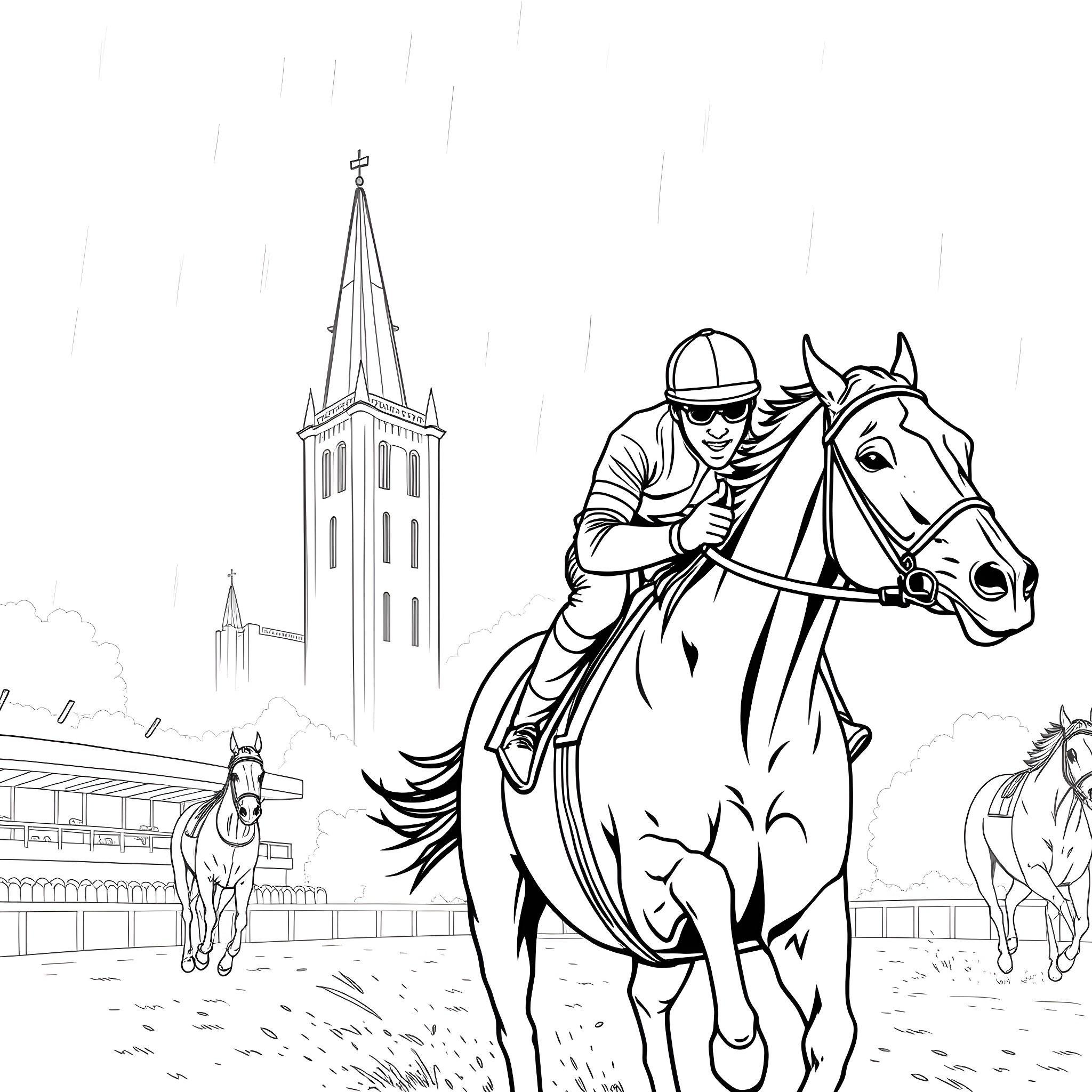 Horse racing at the racetrack Coloring Page (free black-and-white line drawing printable PDF for all, from beginners to advanced learners, including children, teens, adults, and seniors)