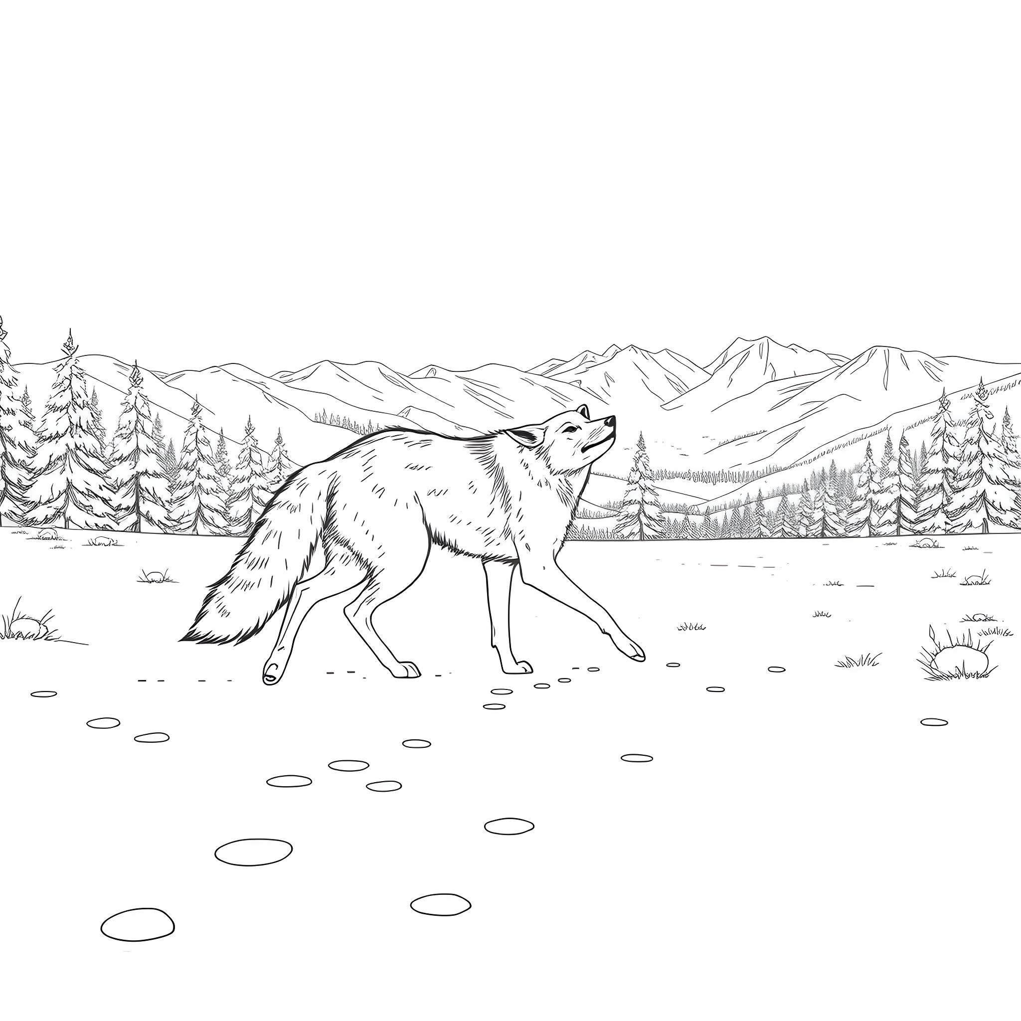Coyote traversing the snowy mountain landscape Coloring Page (free black-and-white line drawing printable PDF for all, from beginners to advanced learners, including children, teens, adults, and seniors)