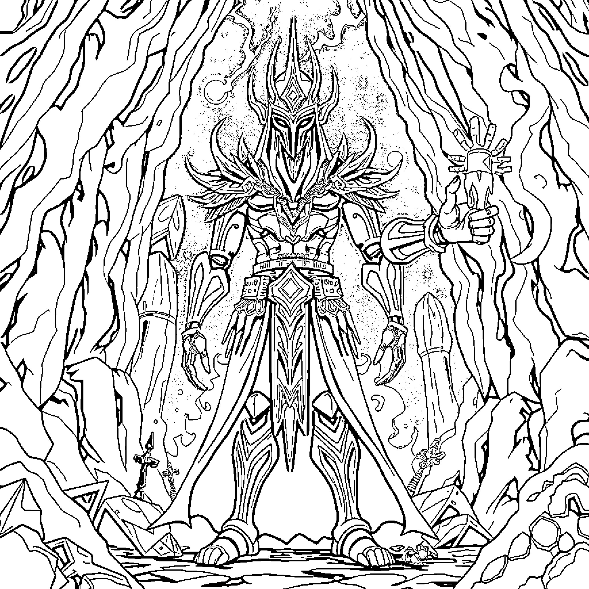 Tezzeret, the Sinister Technomancer in Action Coloring Page (free black-and-white line drawing printable PDF for all, from beginners to advanced learners, including children, teens, adults, and seniors)