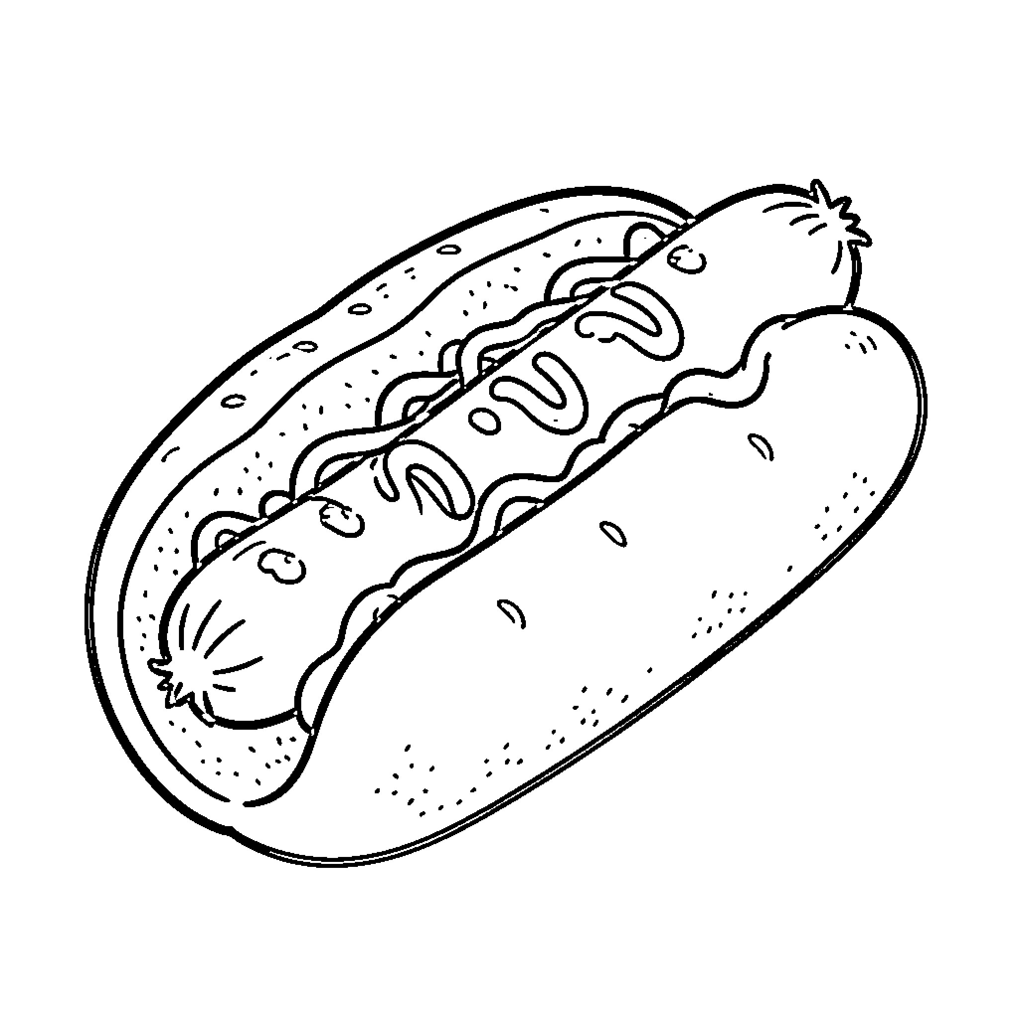 Perro enjoying a tasty hotdog snack Coloring Page (free black-and-white line drawing printable PDF for all, from beginners to advanced learners, including children, teens, adults, and seniors)