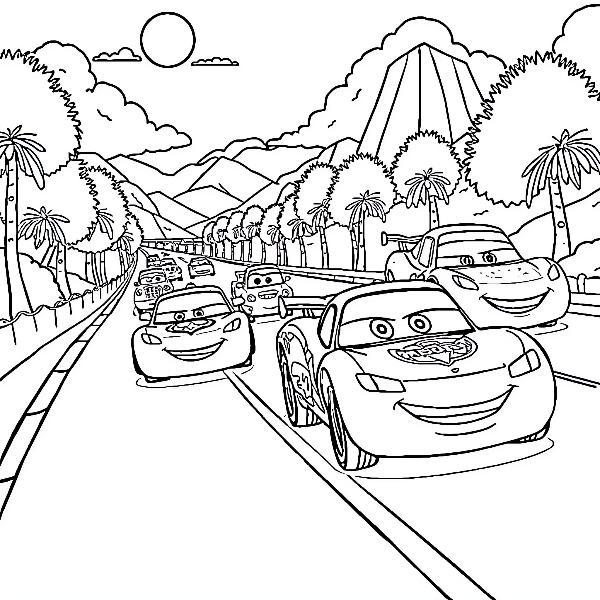 Car race on scenic mountain road Coloring Page (free black-and-white line drawing printable PDF for all, from beginners to advanced learners, including children, teens, adults, and seniors)