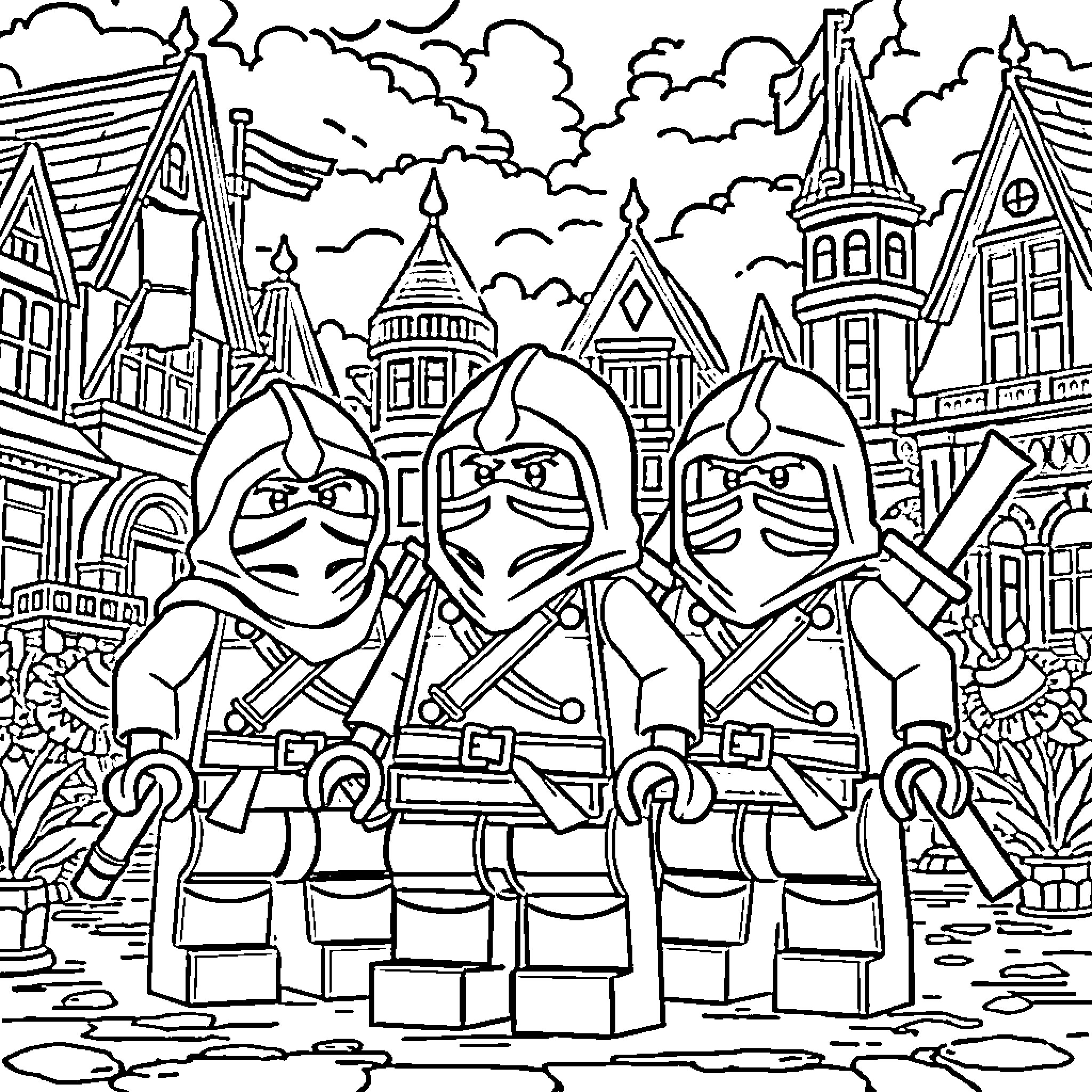 Ninja warriors in a mystical city Coloring Page (free black-and-white line drawing printable PDF for all, from beginners to advanced learners, including children, teens, adults, and seniors)