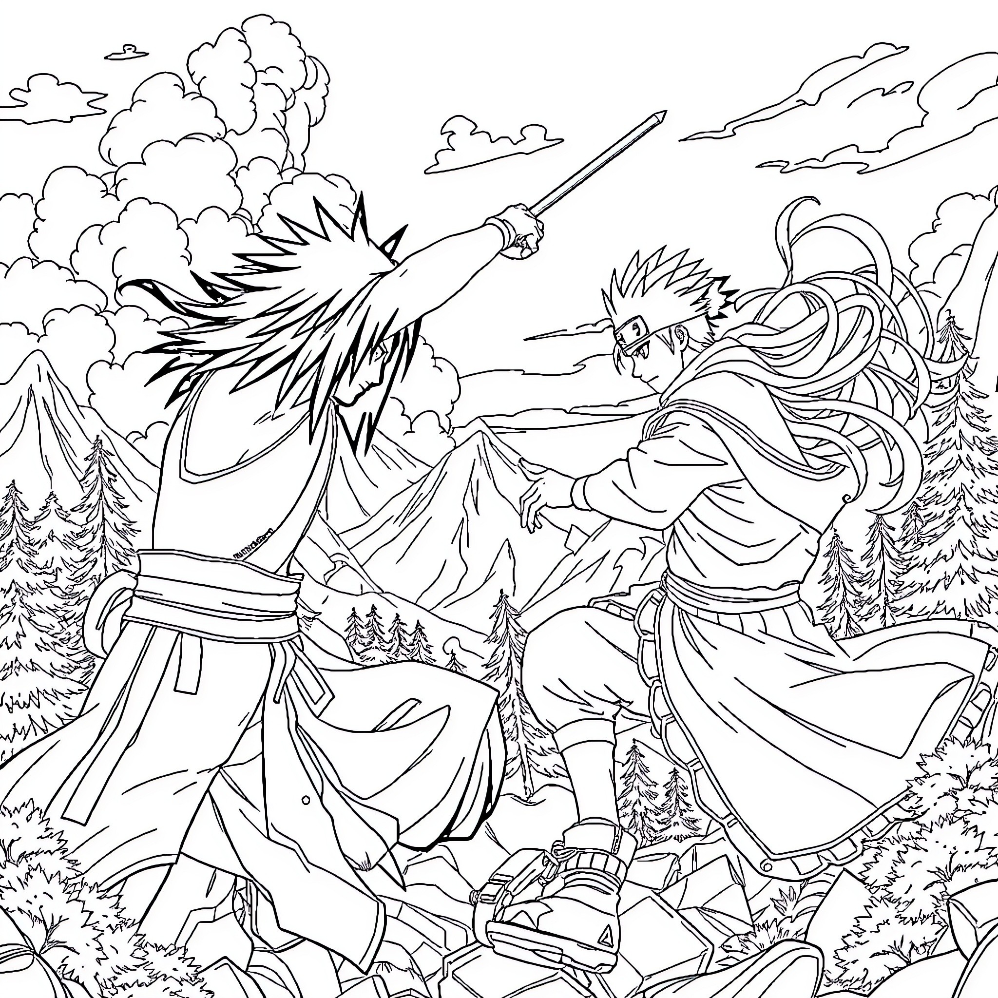 Madara Uchiha's Epic Battle in a Fantastical Landscape Coloring Page (free black-and-white line drawing printable PDF for all, from beginners to advanced learners, including children, teens, adults, and seniors)