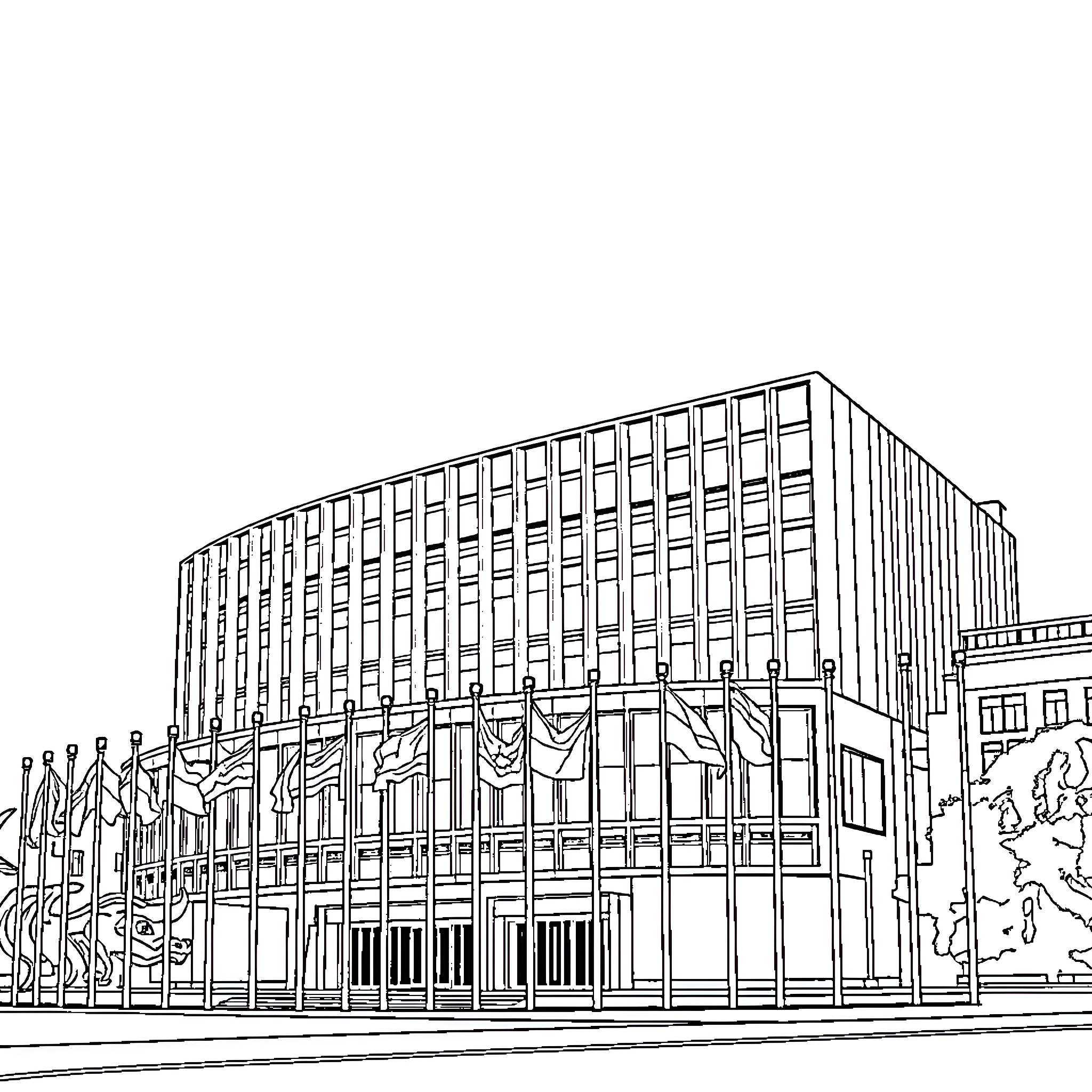 Parliament building with flags and decorations Coloring Page (free black-and-white line drawing printable PDF for all, from beginners to advanced learners, including children, teens, adults, and seniors)