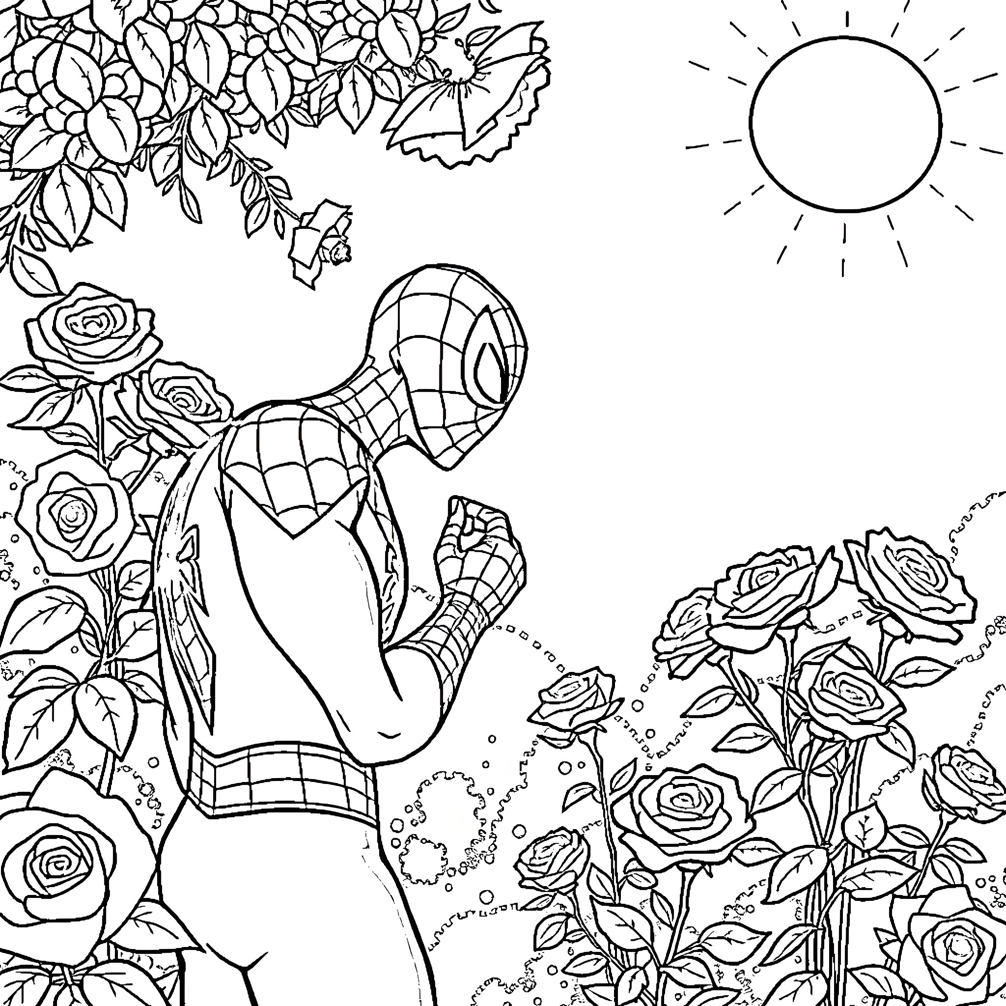 Spiderman in a floral garden with roses Coloring Page (free black-and-white line drawing printable PDF for all, from beginners to advanced learners, including children, teens, adults, and seniors)