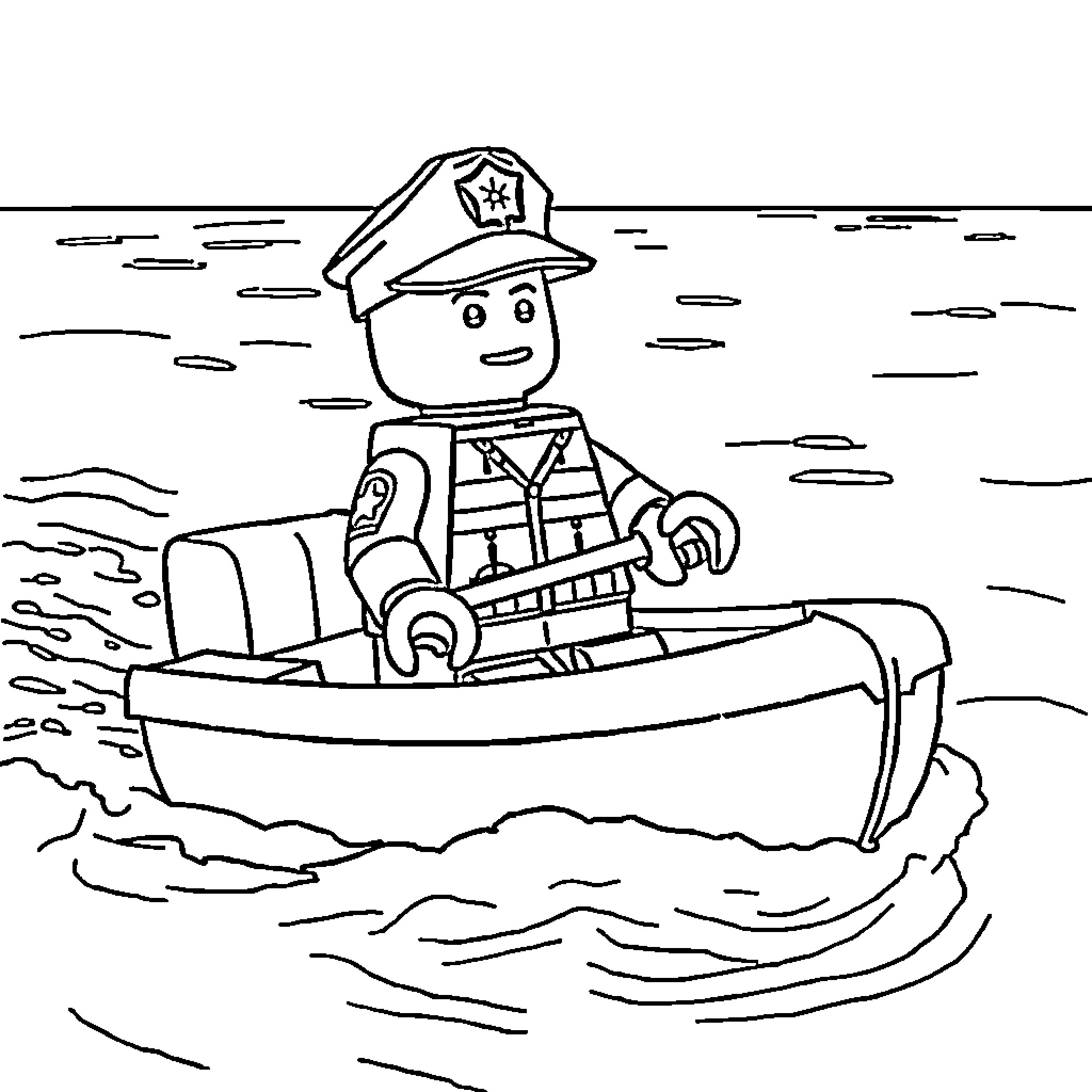 Police Officer Steering Boat on Choppy Waters Coloring Page (free black-and-white line drawing printable PDF for all, from beginners to advanced learners, including children, teens, adults, and seniors)
