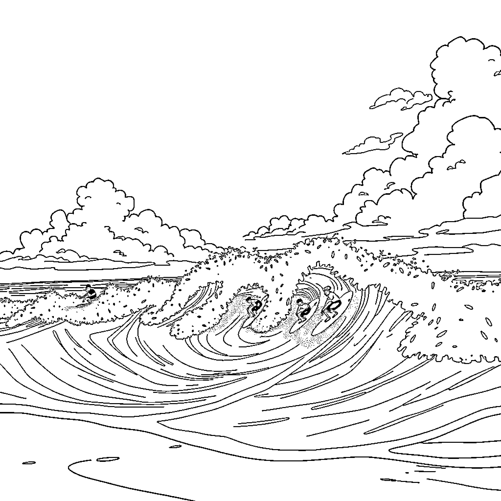 Surfing the energetic waves under cloudy skies Coloring Page (free black-and-white line drawing printable PDF for all, from beginners to advanced learners, including children, teens, adults, and seniors)