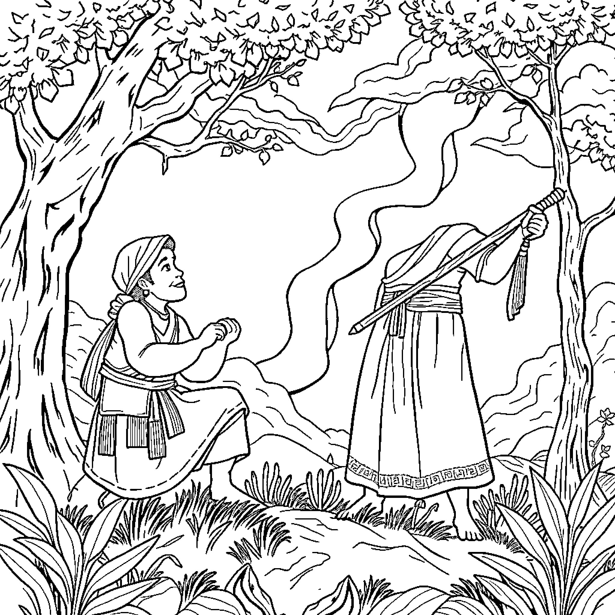 Life of Lamang: Meeting with the Spirits in the Forest Coloring Page (free black-and-white line drawing printable PDF for all, from beginners to advanced learners, including children, teens, adults, and seniors)