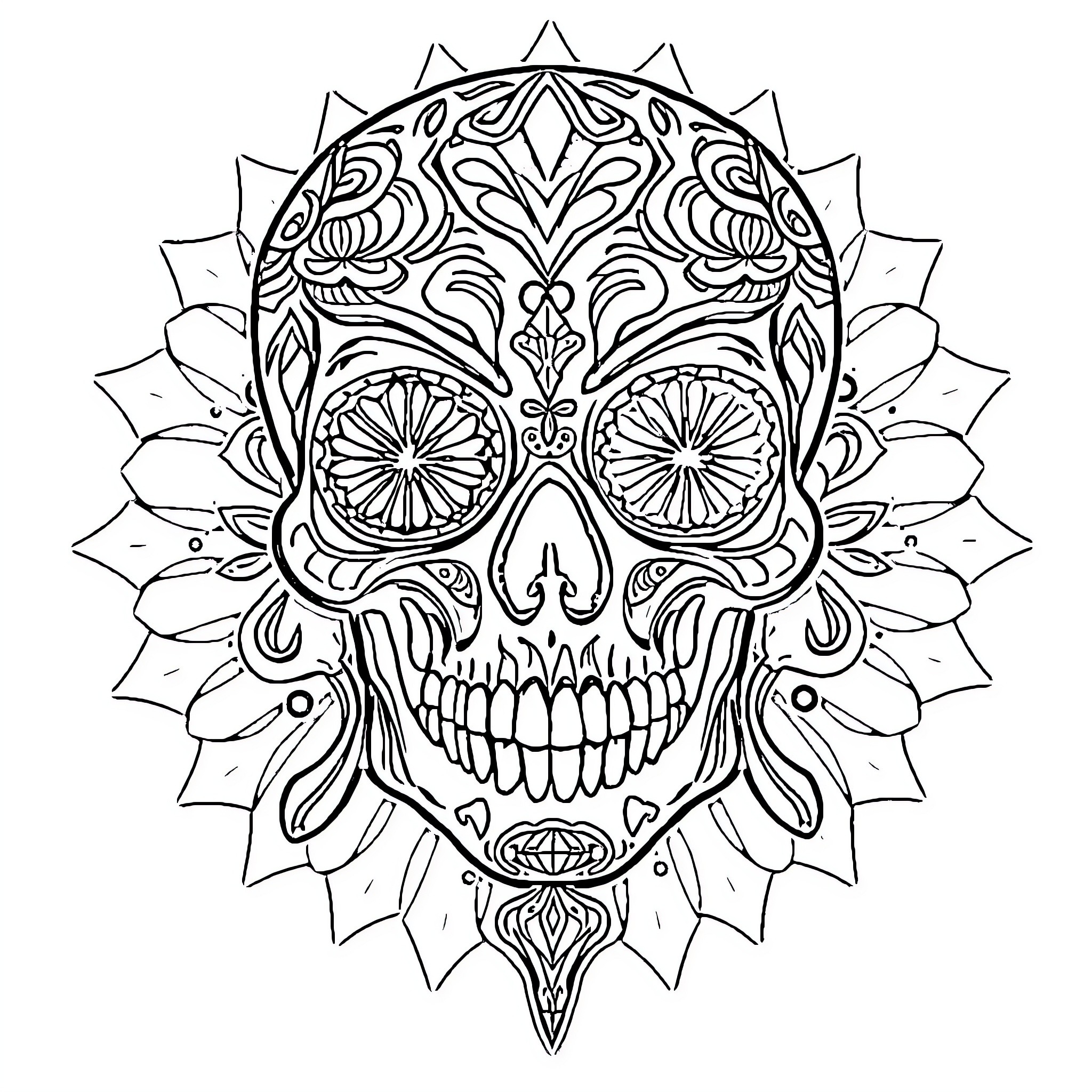Skull with ornate floral design Coloring Page (free black-and-white line drawing printable PDF for all, from beginners to advanced learners, including children, teens, adults, and seniors)
