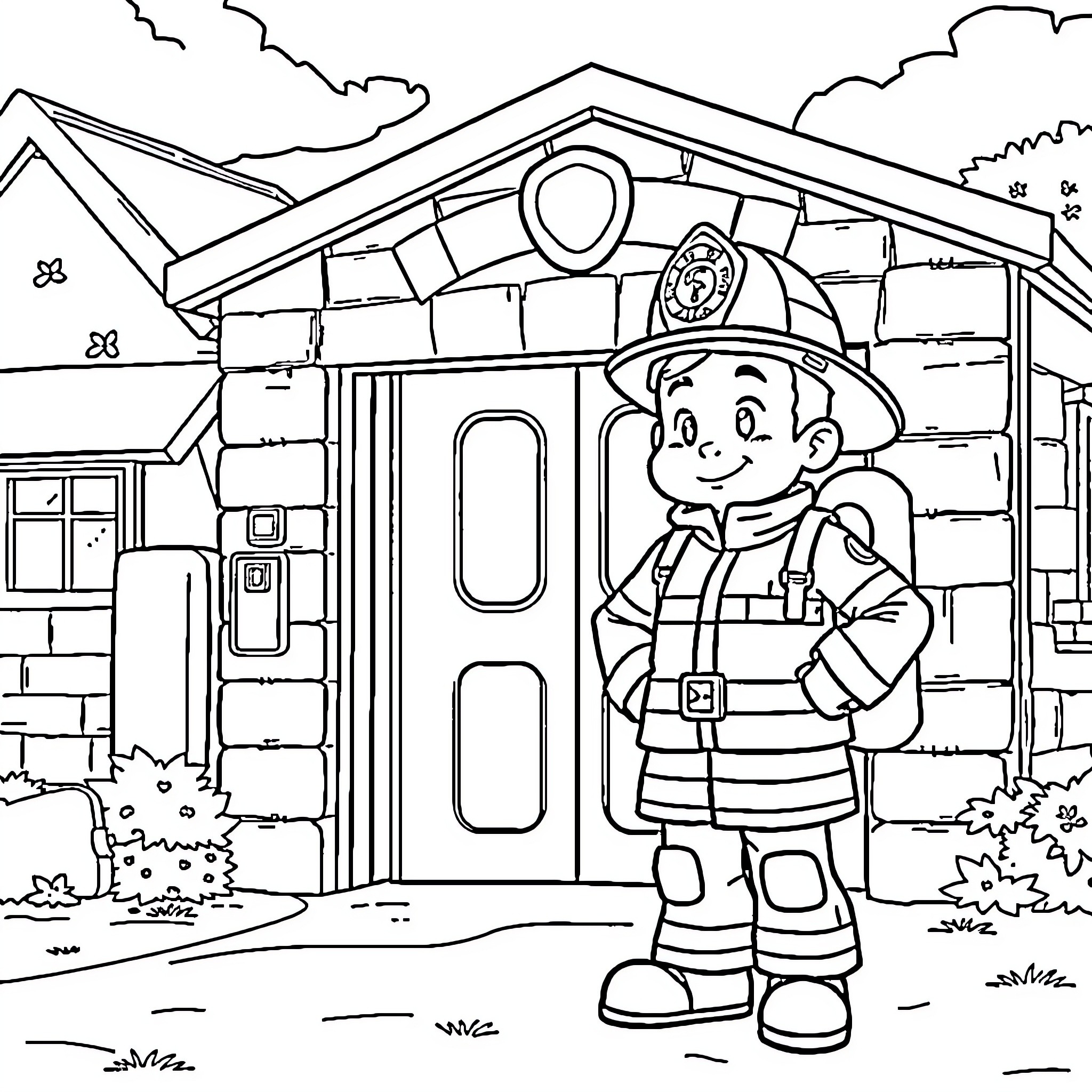 Fireman Sam standing in front of a firehouse Coloring Page (free black-and-white line drawing printable PDF for all, from beginners to advanced learners, including children, teens, adults, and seniors)