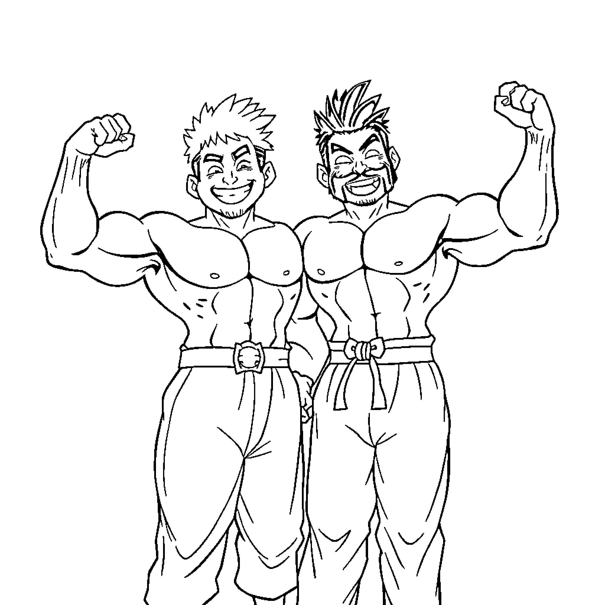Tanjiro and friend showing their strength Coloring Page (free black-and-white line drawing printable PDF for all, from beginners to advanced learners, including children, teens, adults, and seniors)