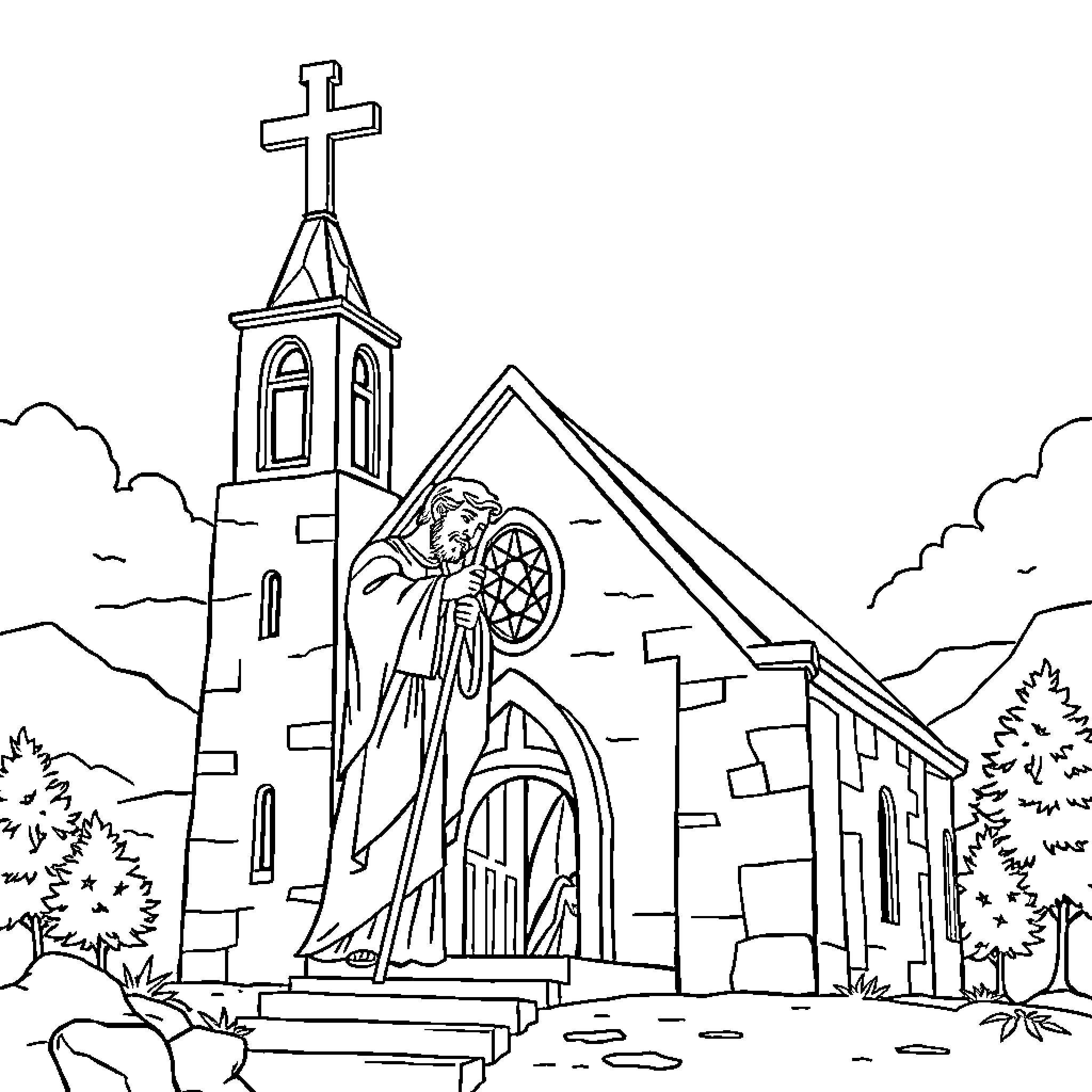 Saint Joseph Holding Shepherd's Crook Outside Church Coloring Page (free black-and-white line drawing printable PDF for all, from beginners to advanced learners, including children, teens, adults, and seniors)