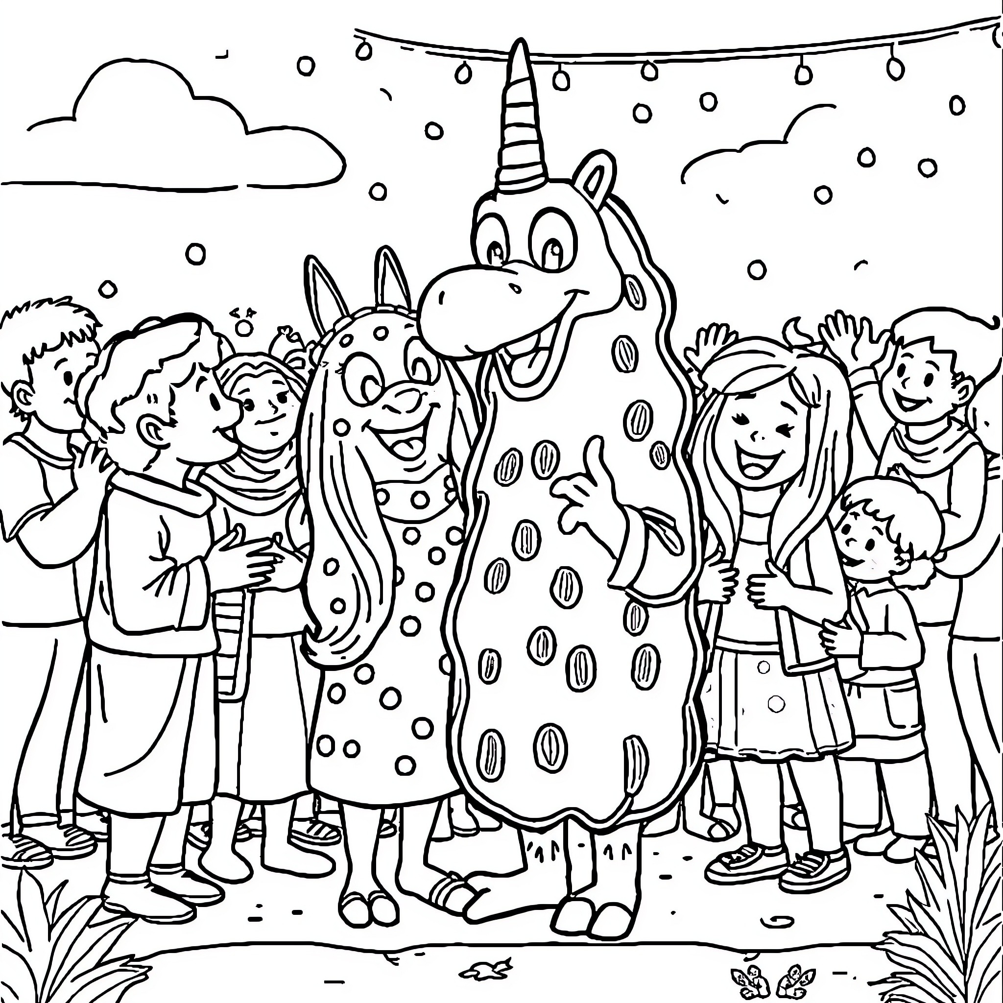 Gega's Fantastic Unicorn Party with Friends Coloring Page (free black-and-white line drawing printable PDF for all, from beginners to advanced learners, including children, teens, adults, and seniors)