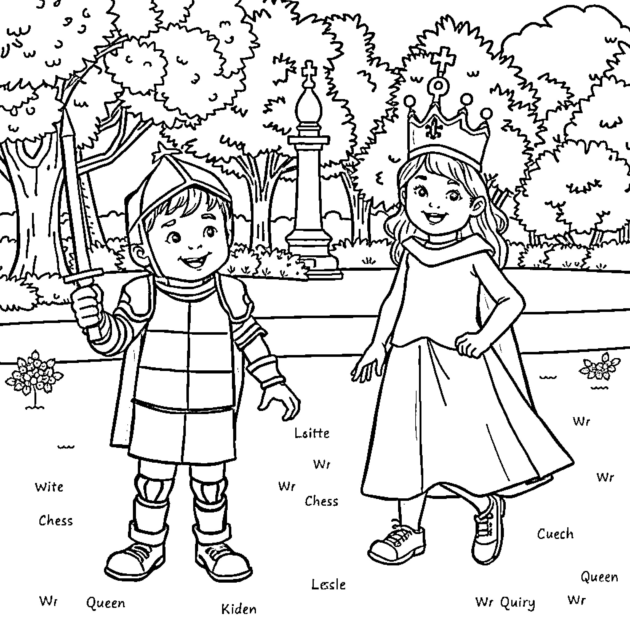 Kid Characters in a Fantastical Garden Scene Coloring Page (free black-and-white line drawing printable PDF for all, from beginners to advanced learners, including children, teens, adults, and seniors)