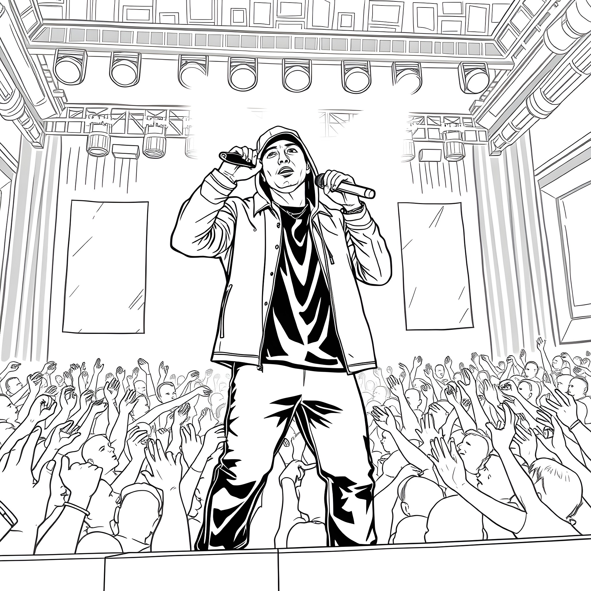 Eminem Performing on Stage with Enthusiastic Crowd Coloring Page (free black-and-white line drawing printable PDF for all, from beginners to advanced learners, including children, teens, adults, and seniors)