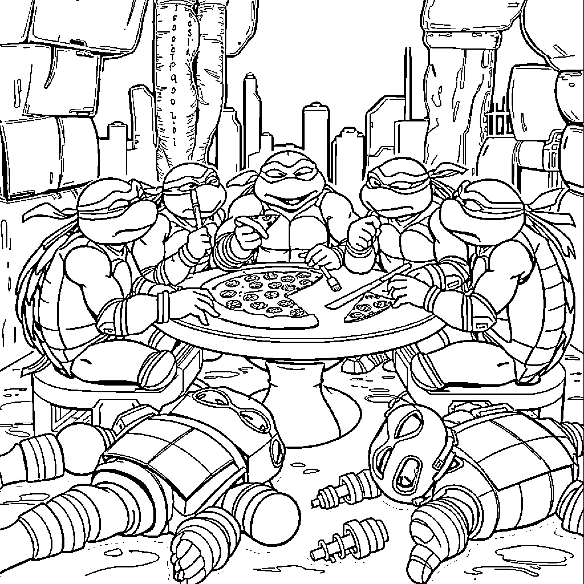 Teenage Mutant Ninja Turtles enjoying a pizza feast in the city Coloring Page (free black-and-white line drawing printable PDF for all, from beginners to advanced learners, including children, teens, adults, and seniors)