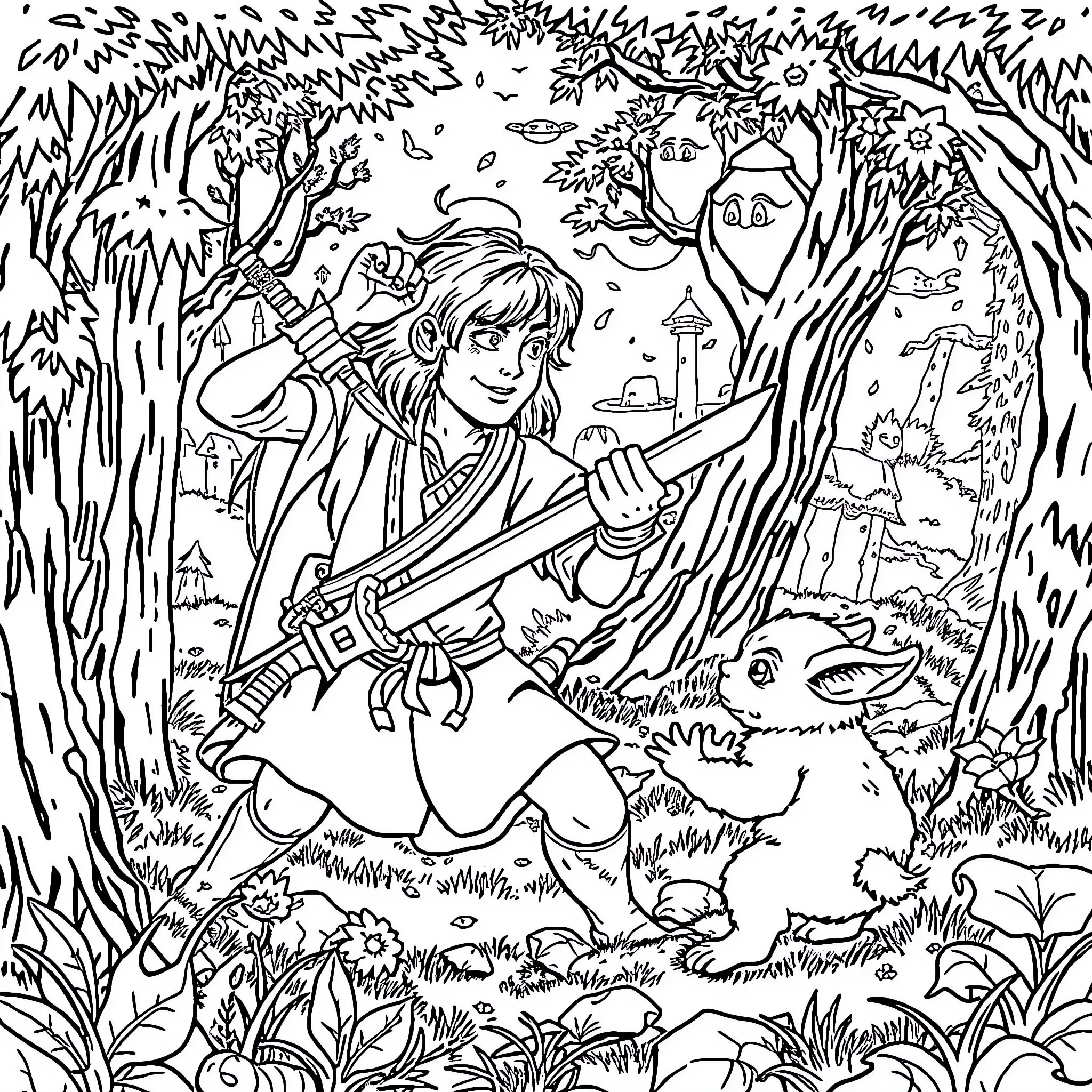 Hobbit adventurer explores enchanted forest Coloring Page (free black-and-white line drawing printable PDF for all, from beginners to advanced learners, including children, teens, adults, and seniors)