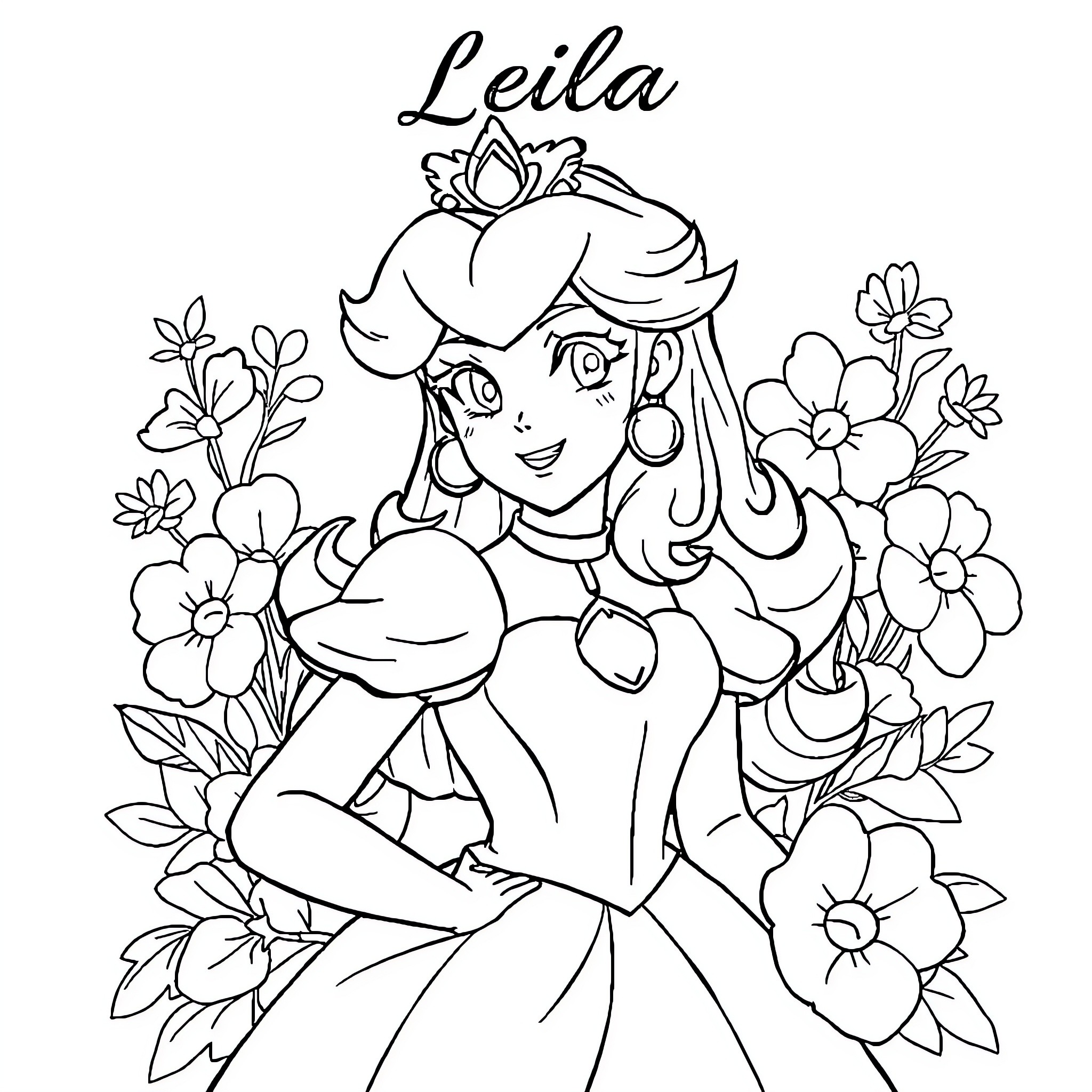 Princess Leila surrounded by beautiful flowers Coloring Page (free black-and-white line drawing printable PDF for all, from beginners to advanced learners, including children, teens, adults, and seniors)