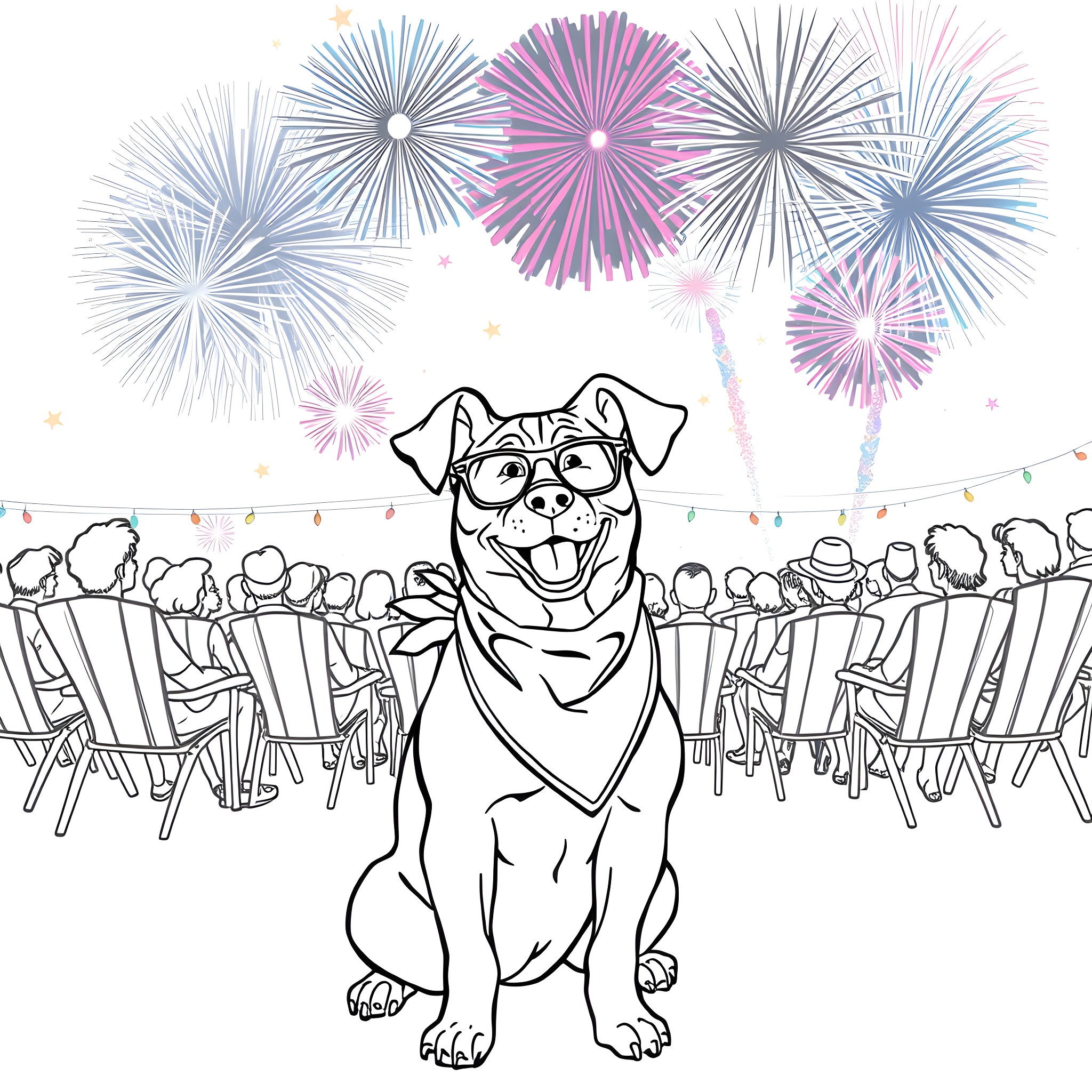 Dog enjoying fireworks display with crowd Coloring Page (free black-and-white line drawing printable PDF for all, from beginners to advanced learners, including children, teens, adults, and seniors)